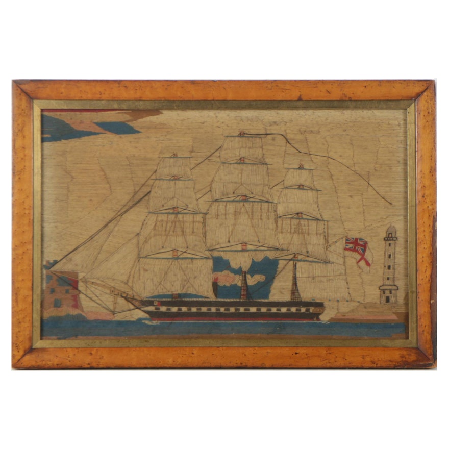 Victorian British Woolwork Picture of Ship of the Royal Navy at Sea