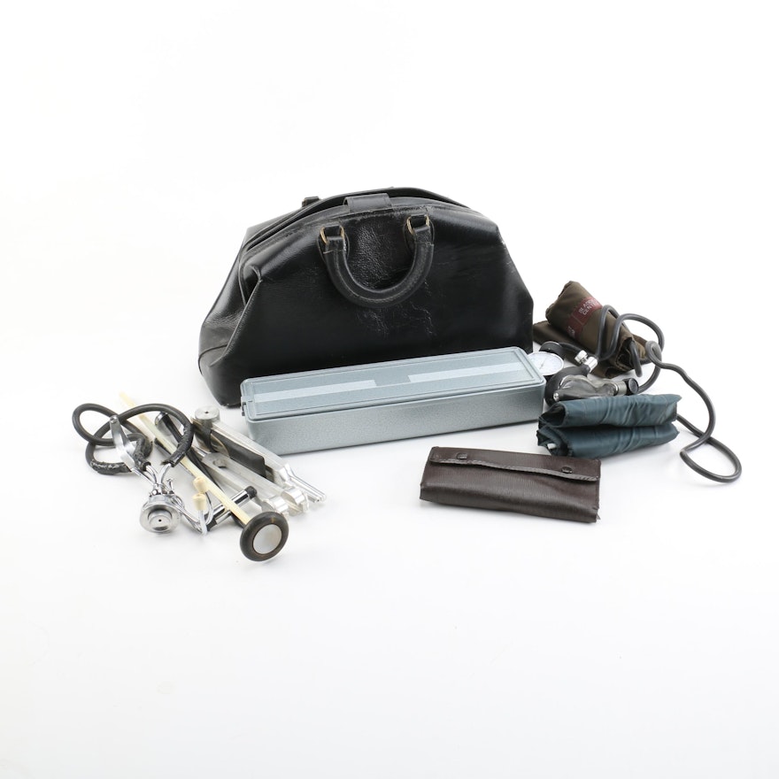 Leather Doctors Bag With Instruments Including Mercurial Sphygmomanometer
