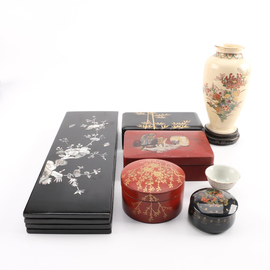 Chinese Tabletop Screen, Vase, Lacquer Ware Plates and Others