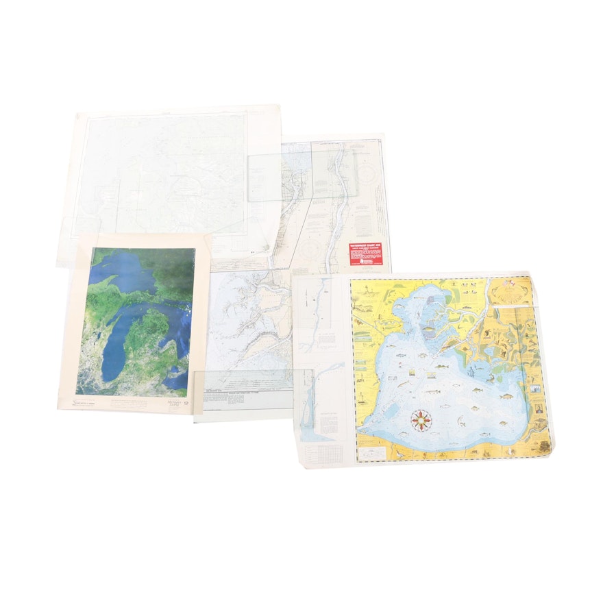 1980s Michigan and Quebec Maps Including Waterproof Chart of Lake St. Clair