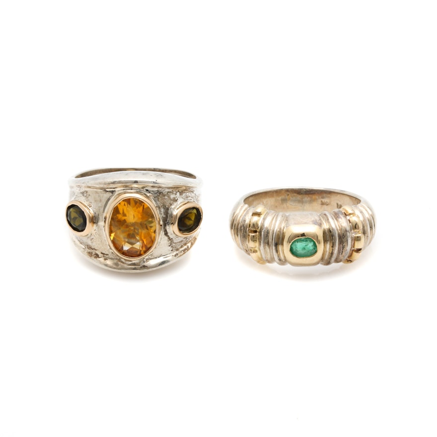 Sterling Silver Citrine, Emerald and Tourmaline Rings with Gold Accents