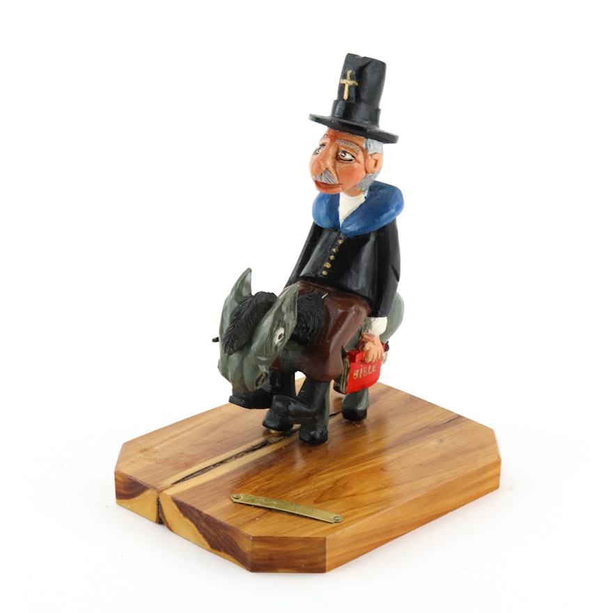 Harvey J. Borrie Carved Wood Sculpture Of a Preacher on a Mule