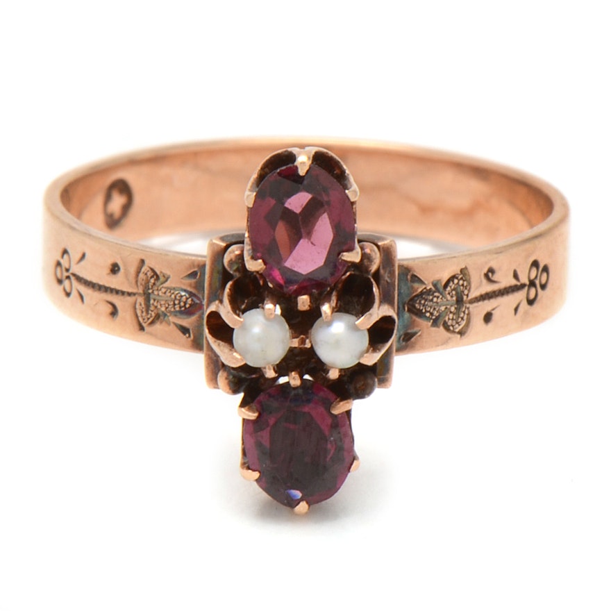 Victorian 10K Yellow Gold Ring with Garnets and Seed Pearls