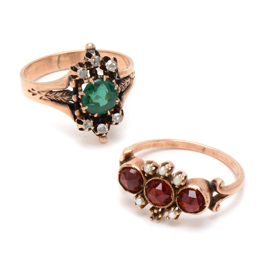 Pair of Victorian 10K Rose Gold Rings with Garnets, Diamonds and Pearls