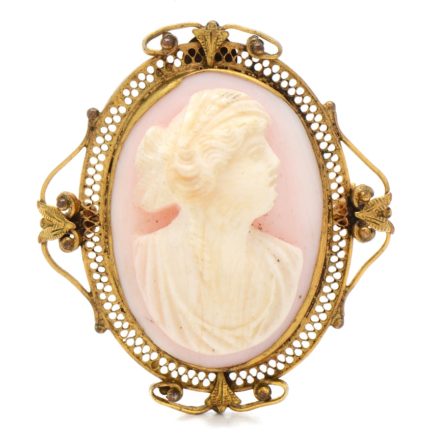 Vintage Carved Shell Cameo Brooch in Filigree Mount