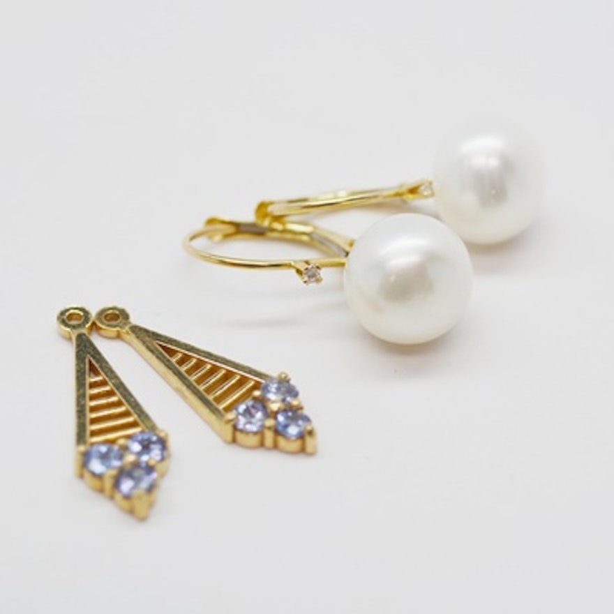 14K Yellow Gold Cultured Freshwater Pearl Earrings and Tanzanite  Jackets