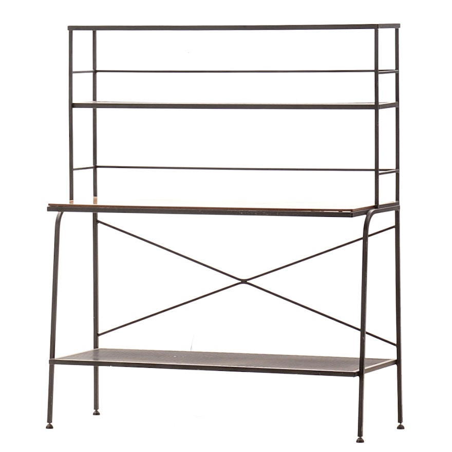 Mid Century Modern Wrought Iron and Wood Shelving Unit