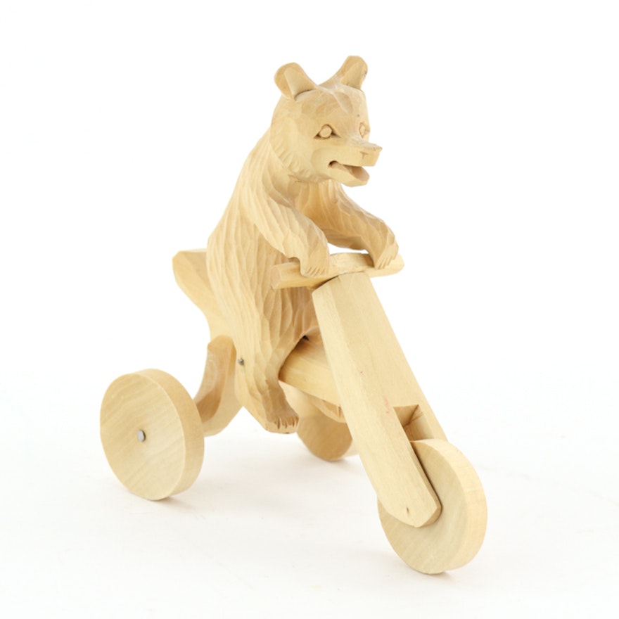 Carved Wooden Sculpture of Bear on a Tricycle