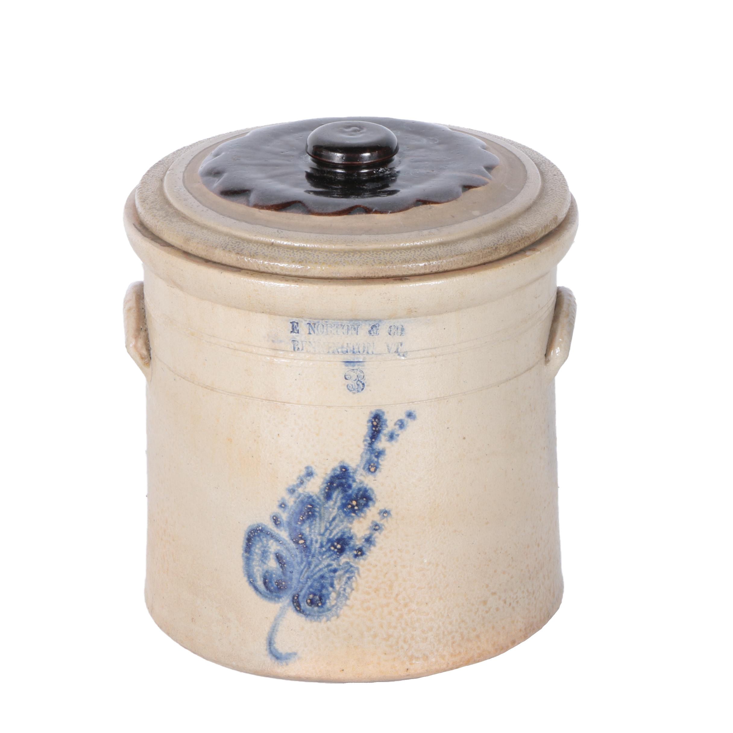 Antique E. Norton & Co. Bennington Vermont Lidded Stoneware Crock