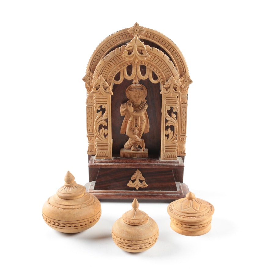 Carved Wood Hindu Shrine and Trinket Boxes