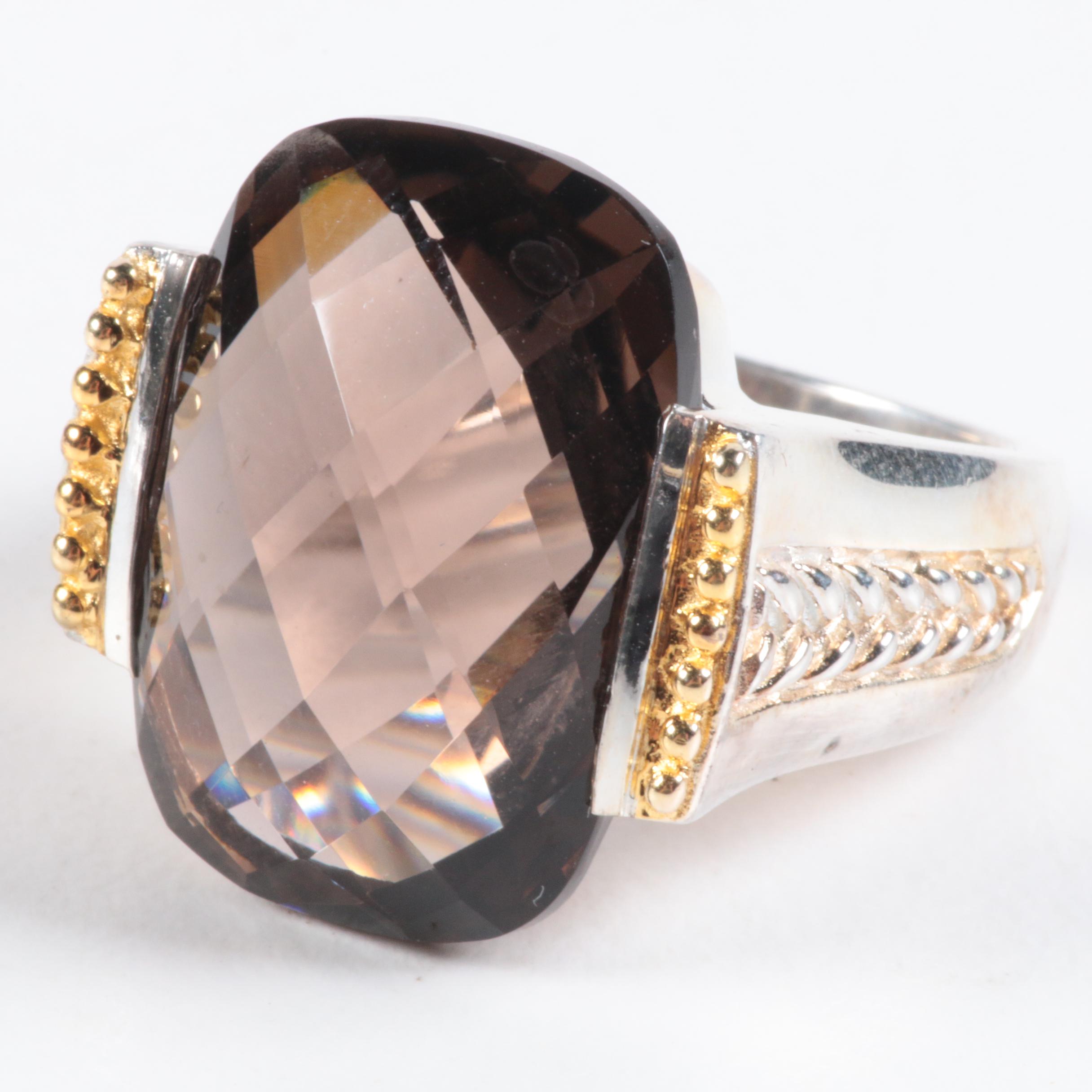 Sterling Silver Smoky Quartz Ring with Gold Toned Accents