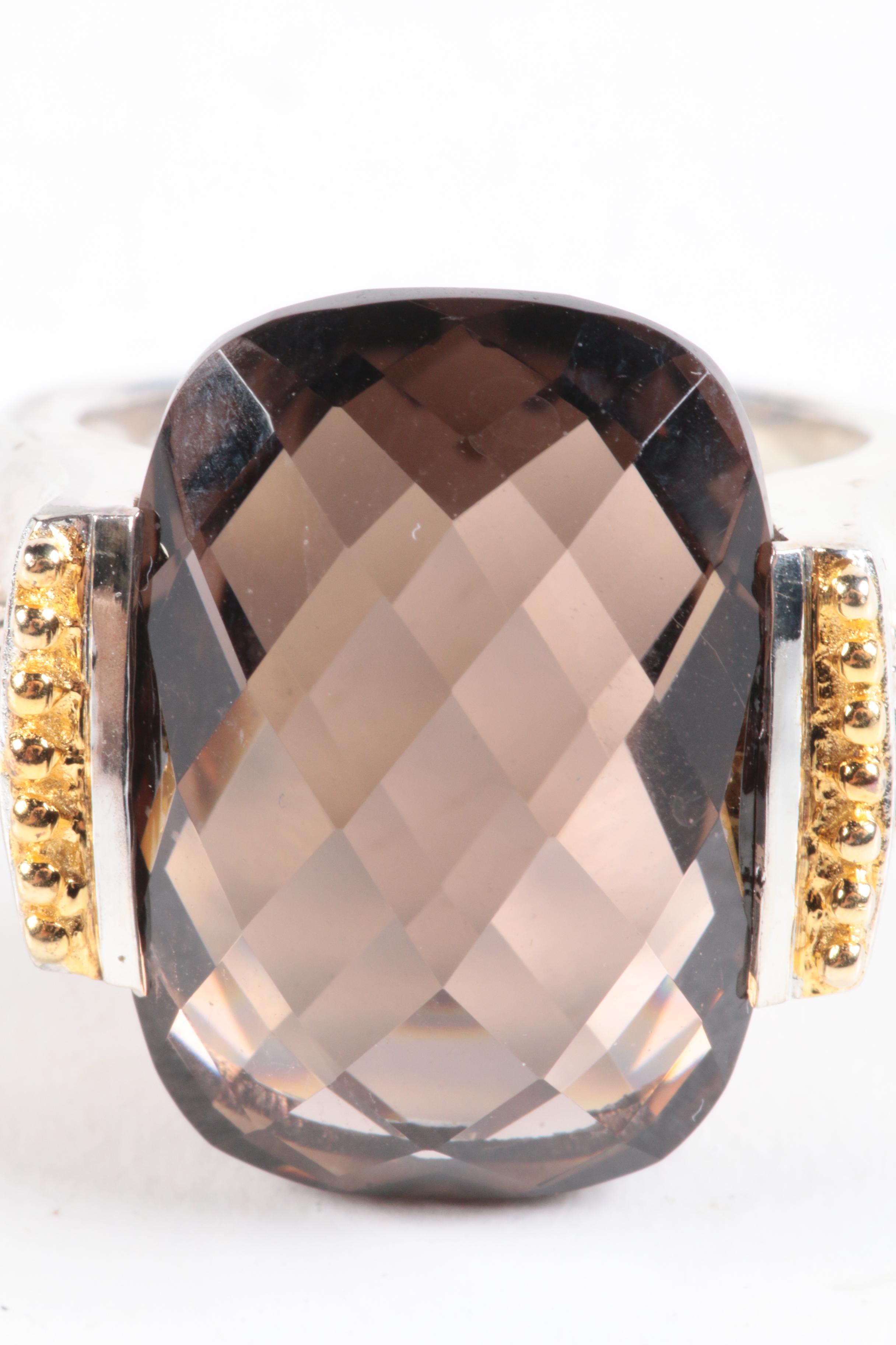 Sterling Silver Smoky Quartz Ring with Gold Toned Accents