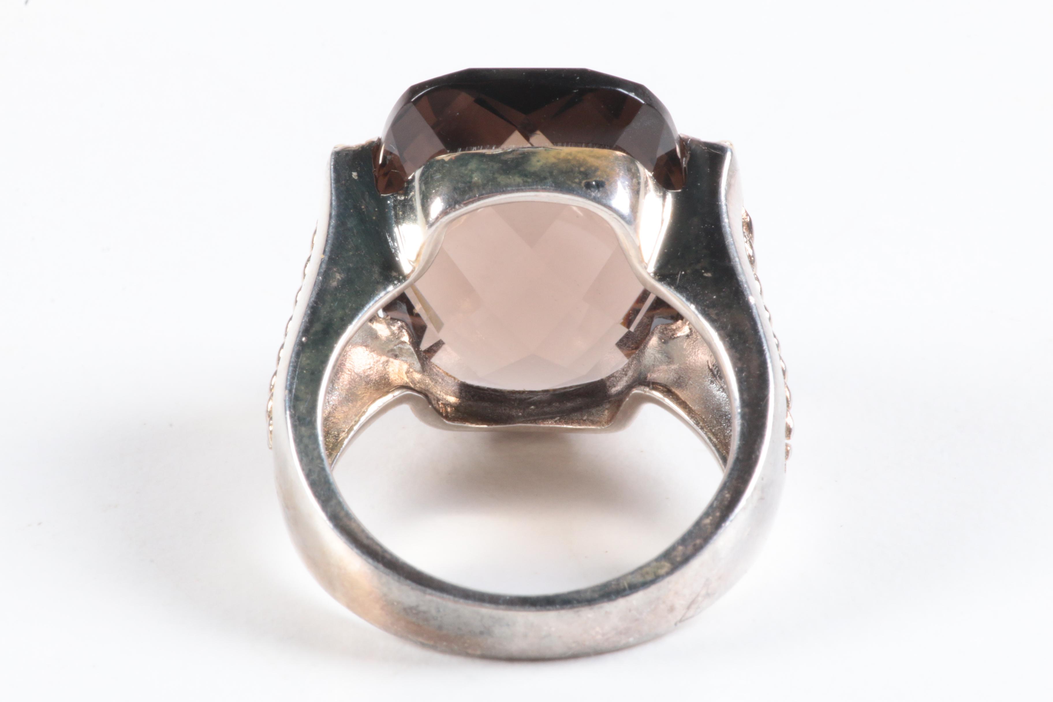 Sterling Silver Smoky Quartz Ring with Gold Toned Accents