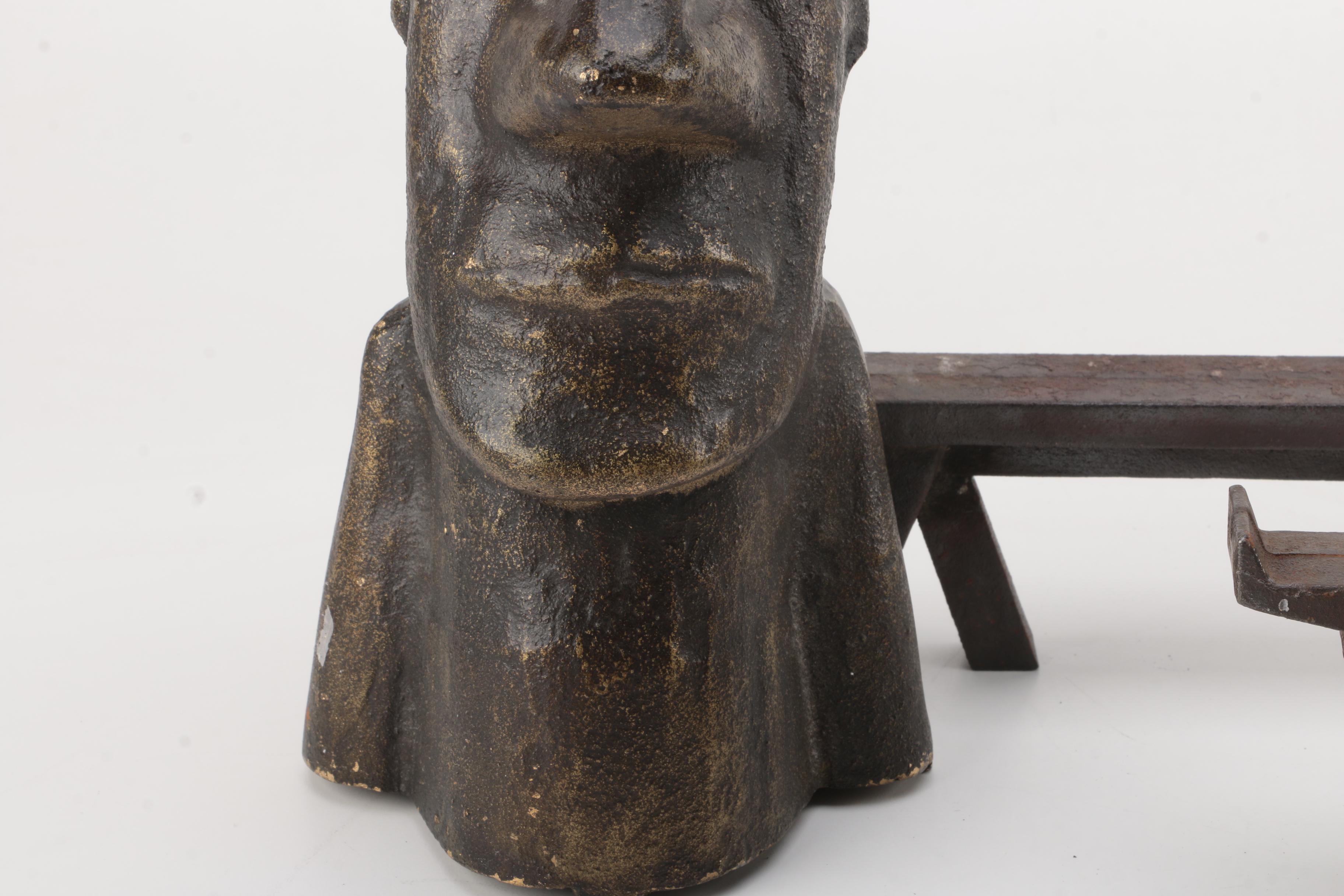 Vintage Cast Iron Moai-Themed Andirons