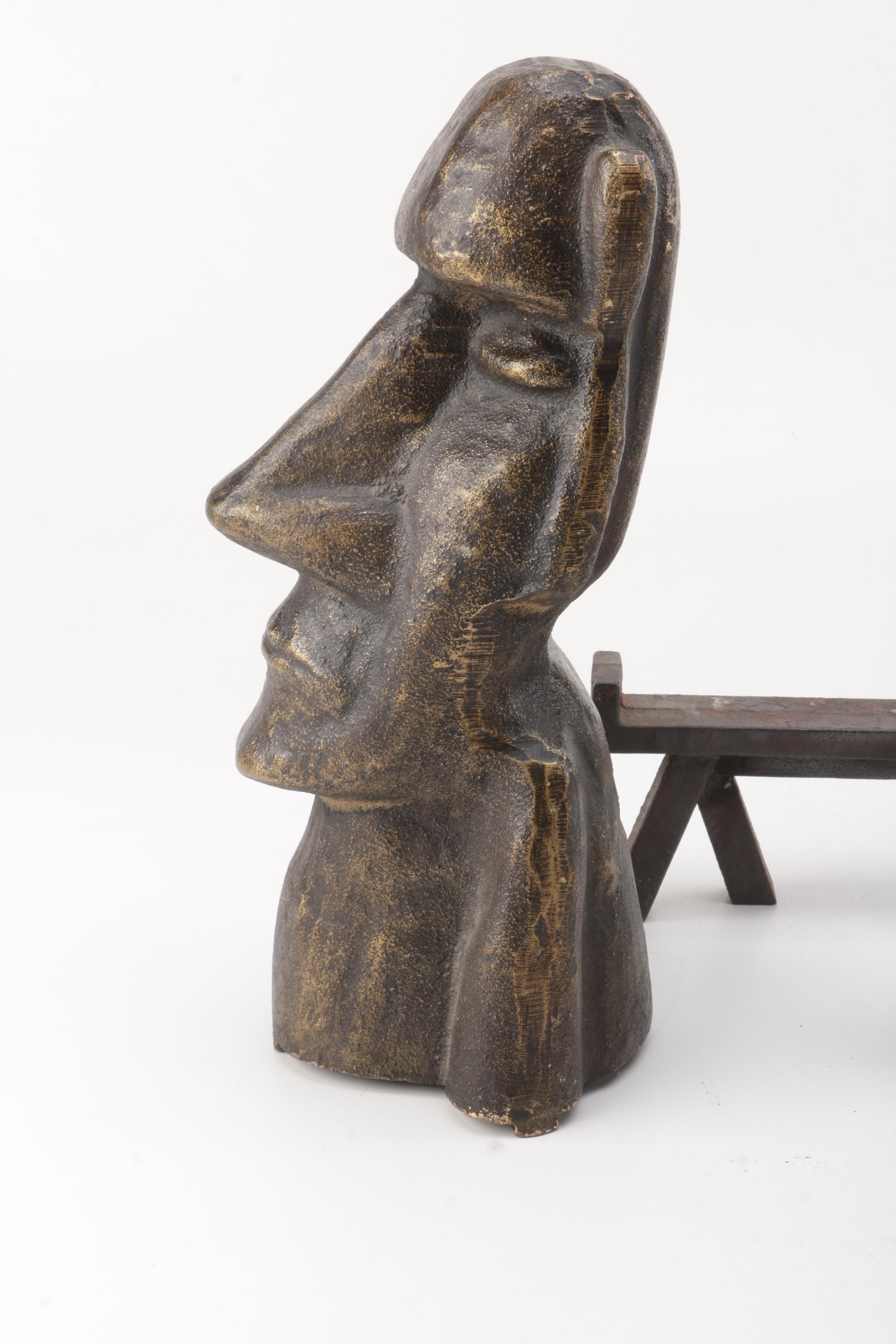 Vintage Cast Iron Moai-Themed Andirons