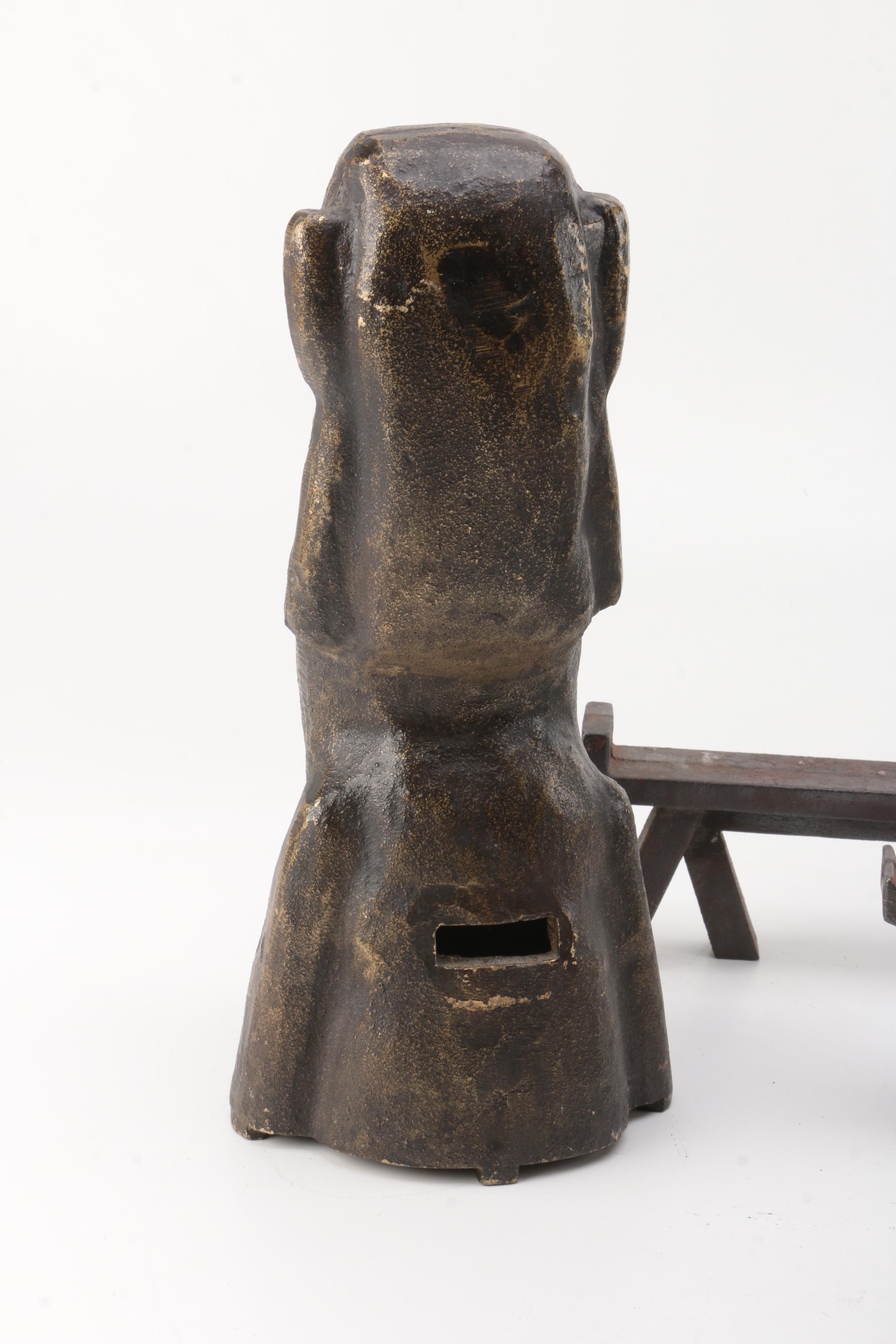 Vintage Cast Iron Moai-Themed Andirons