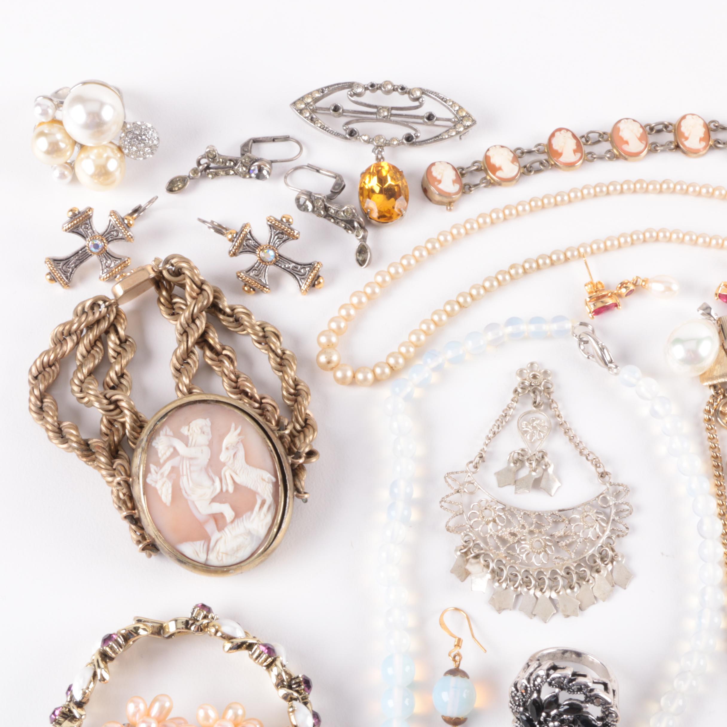 Gold Toned and Silver Toned Jewelry Selection Including Cultured Pearl