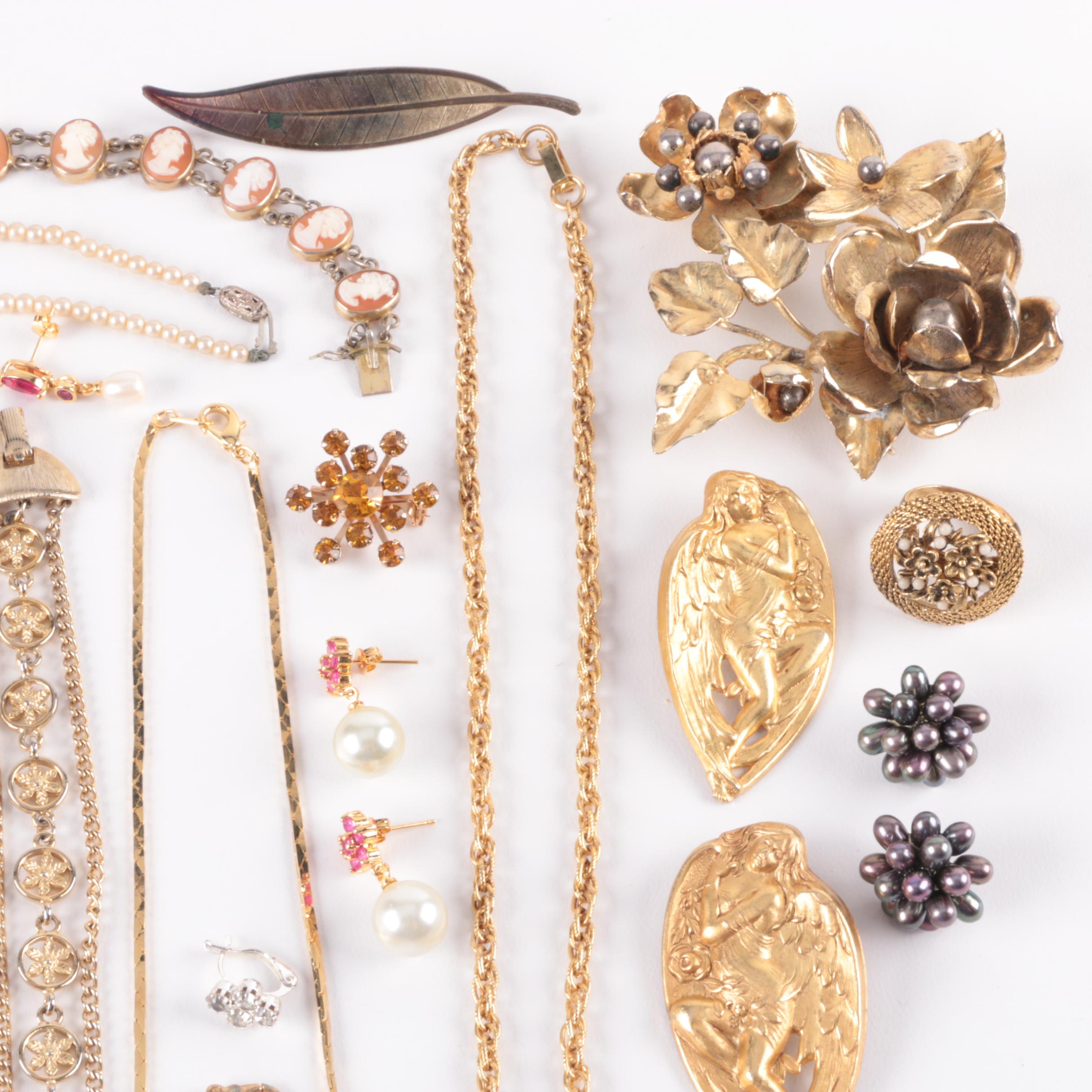 Gold Toned and Silver Toned Jewelry Selection Including Cultured Pearl