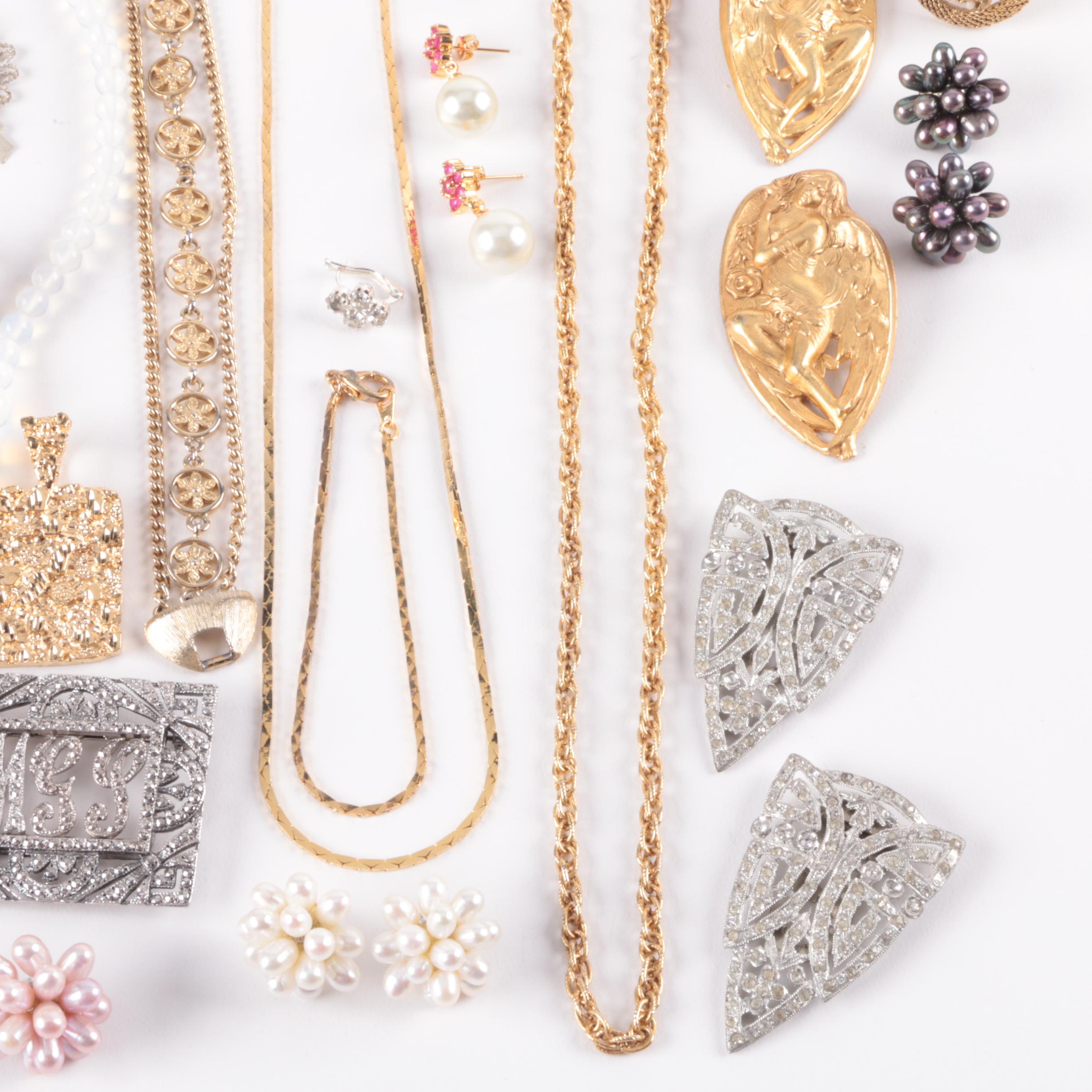 Gold Toned and Silver Toned Jewelry Selection Including Cultured Pearl