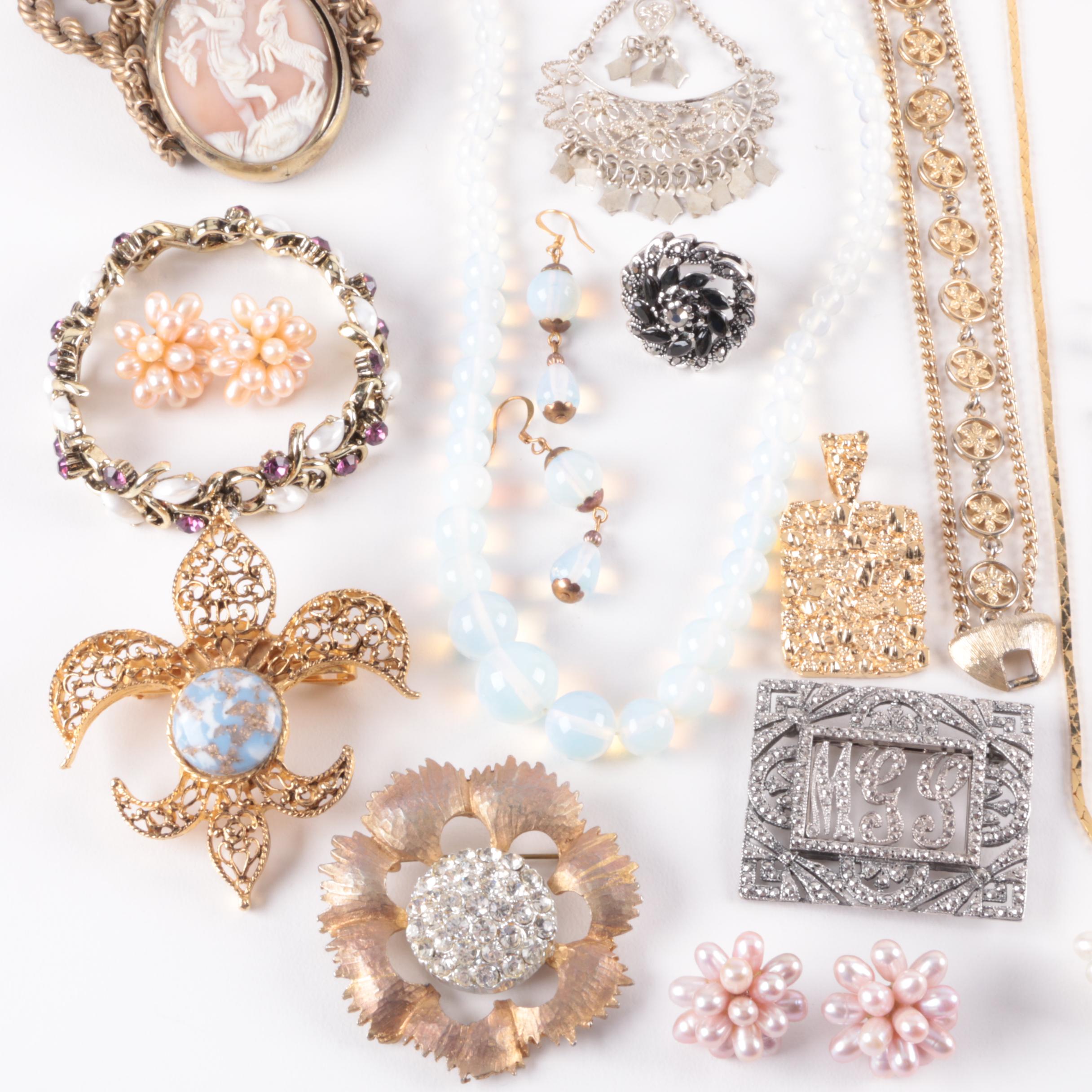 Gold Toned and Silver Toned Jewelry Selection Including Cultured Pearl