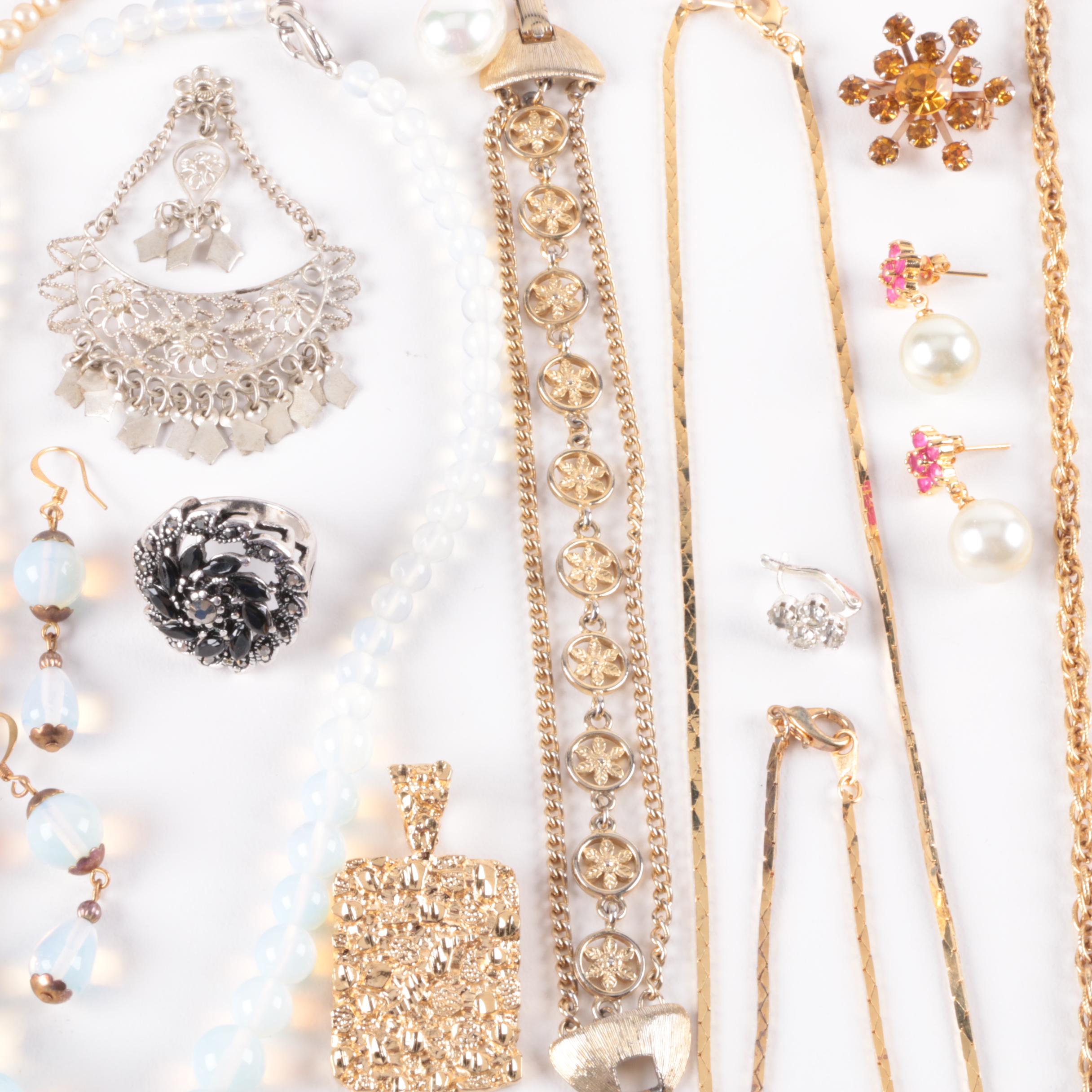 Gold Toned and Silver Toned Jewelry Selection Including Cultured Pearl