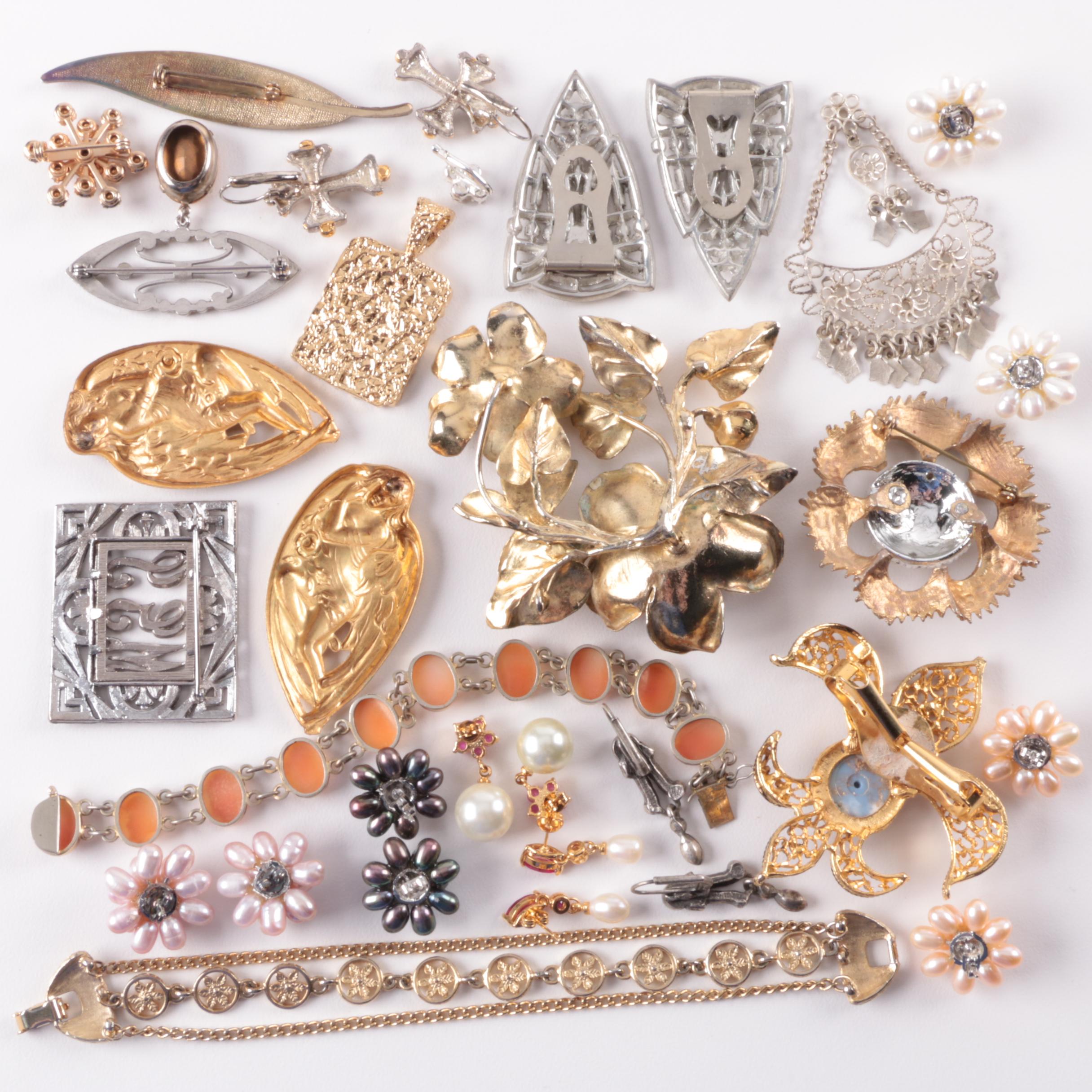 Gold Toned and Silver Toned Jewelry Selection Including Cultured Pearl