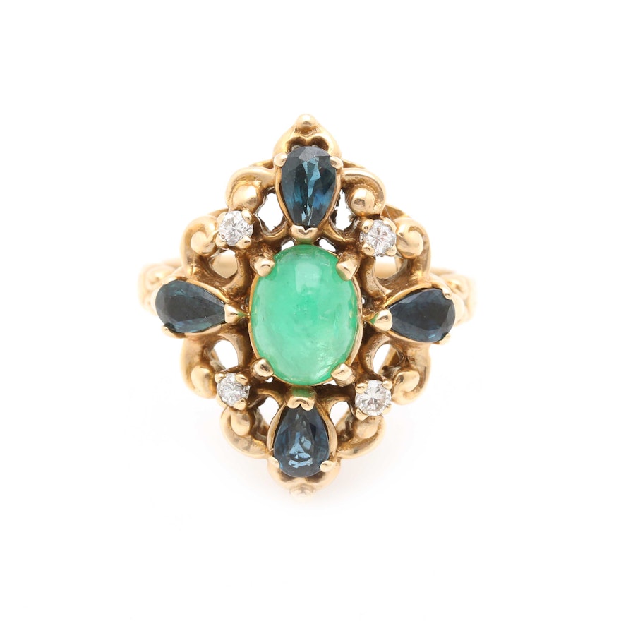 Vintage 14K Yellow Gold Emerald, Sapphire and Diamond Ring