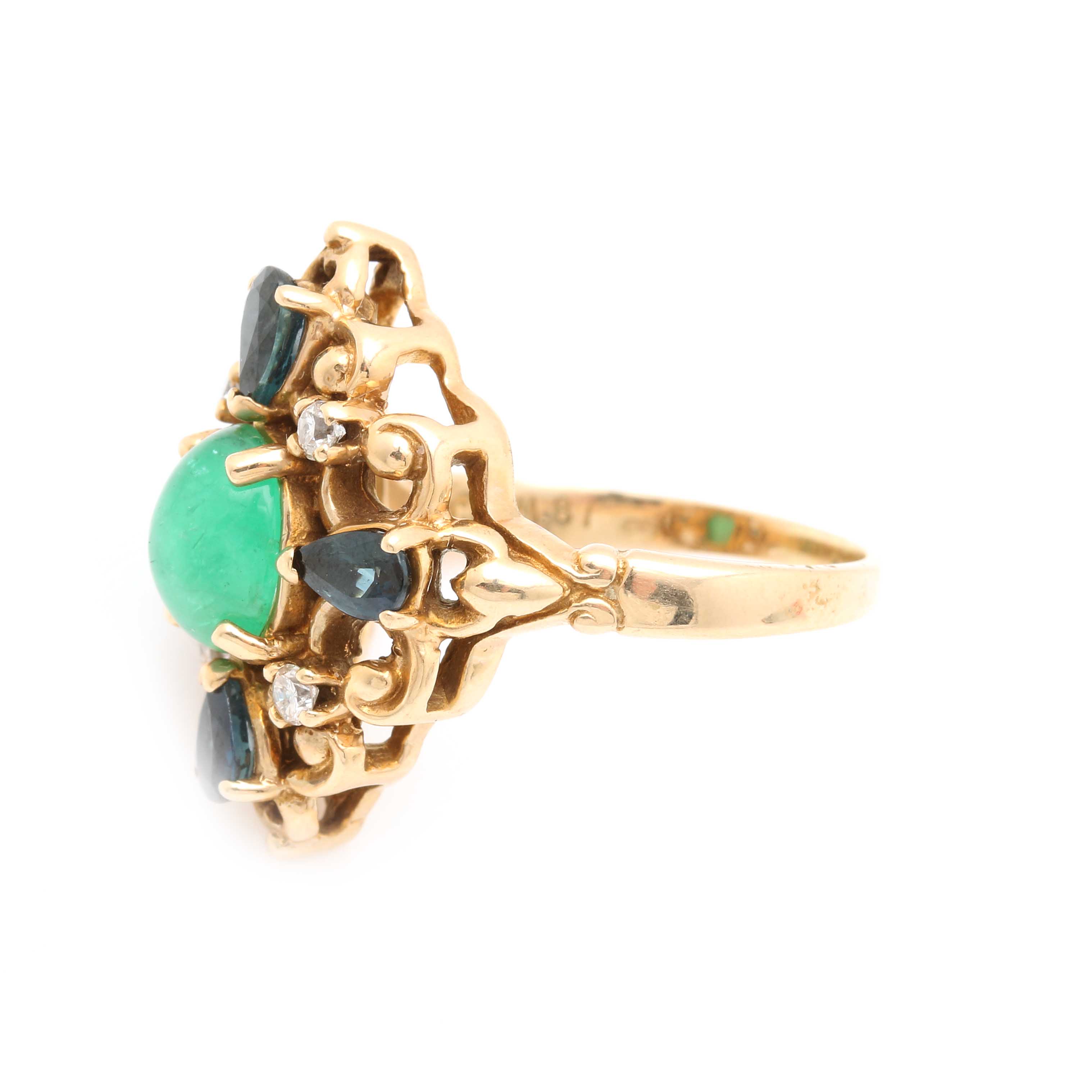 Vintage 14K Yellow Gold Emerald, Sapphire and Diamond Ring