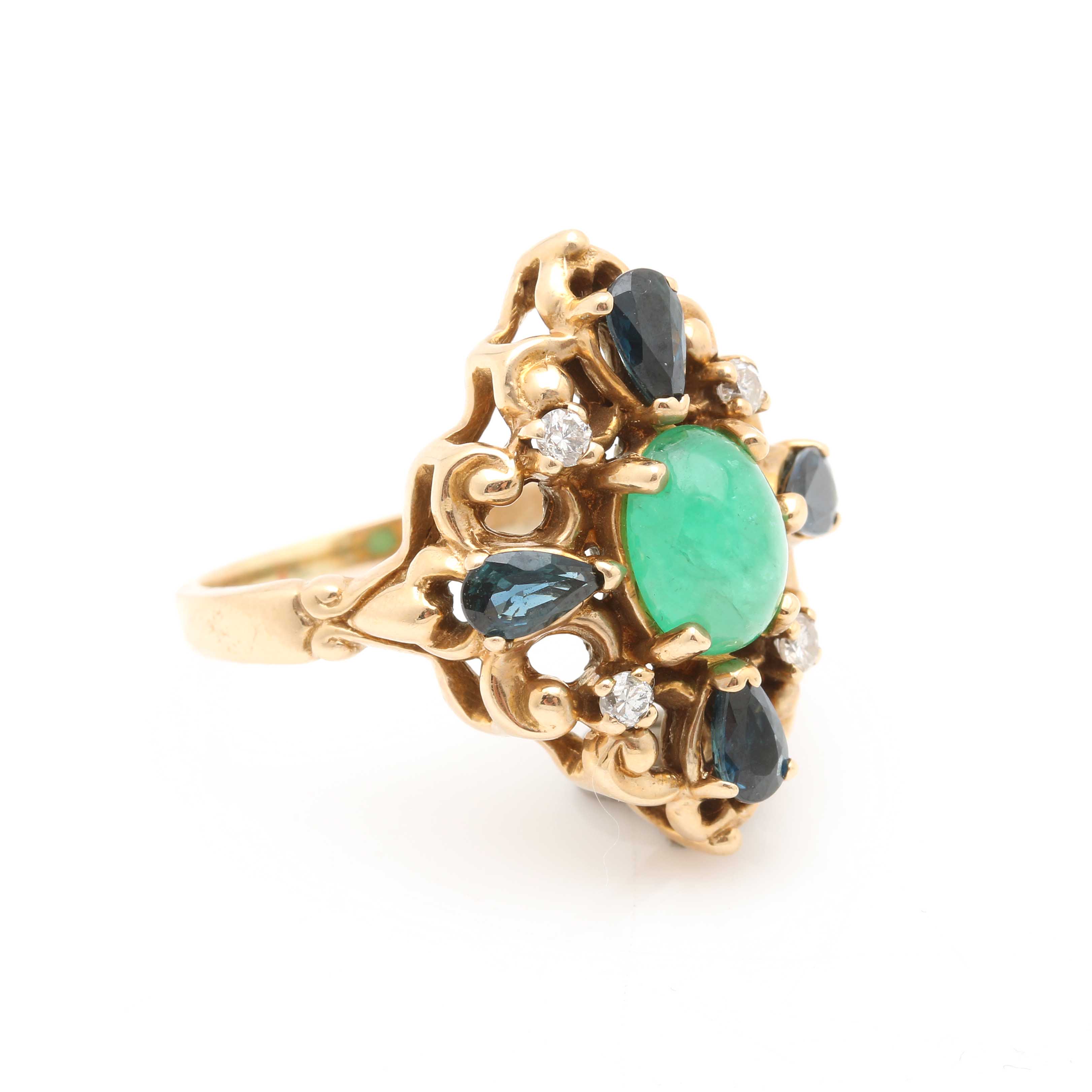Vintage 14K Yellow Gold Emerald, Sapphire and Diamond Ring