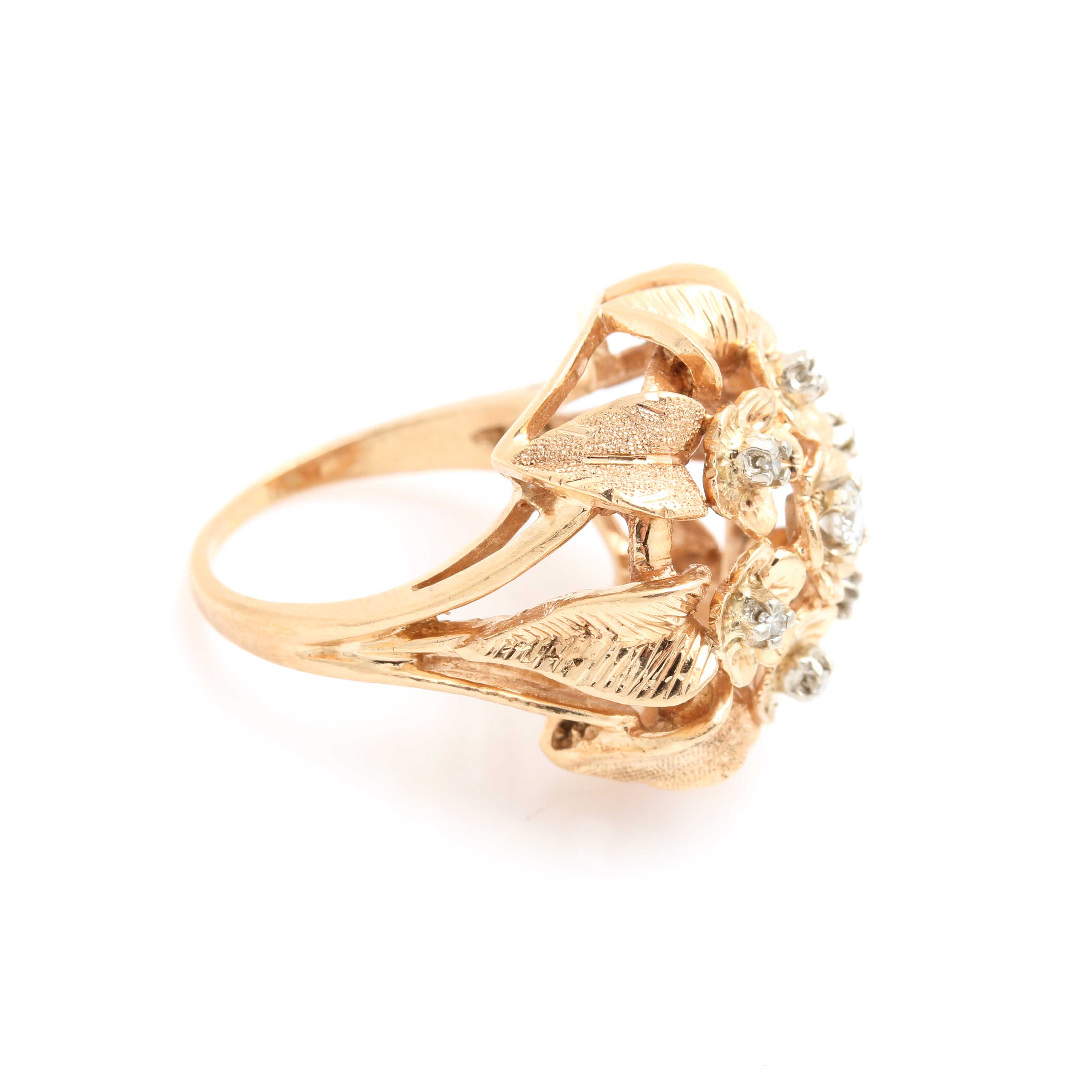 14K Yellow Gold Diamond Floral Motif Ring