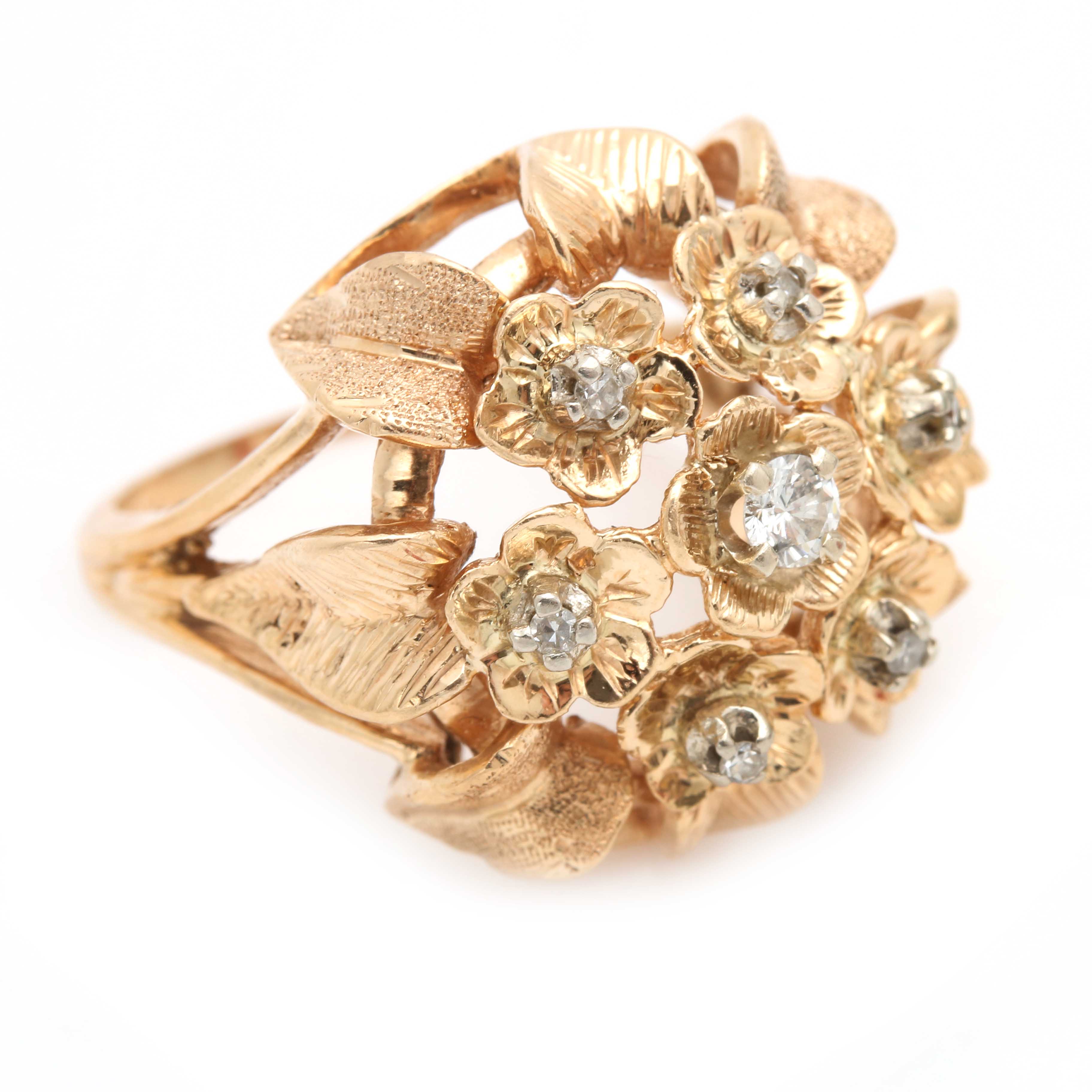 14K Yellow Gold Diamond Floral Motif Ring