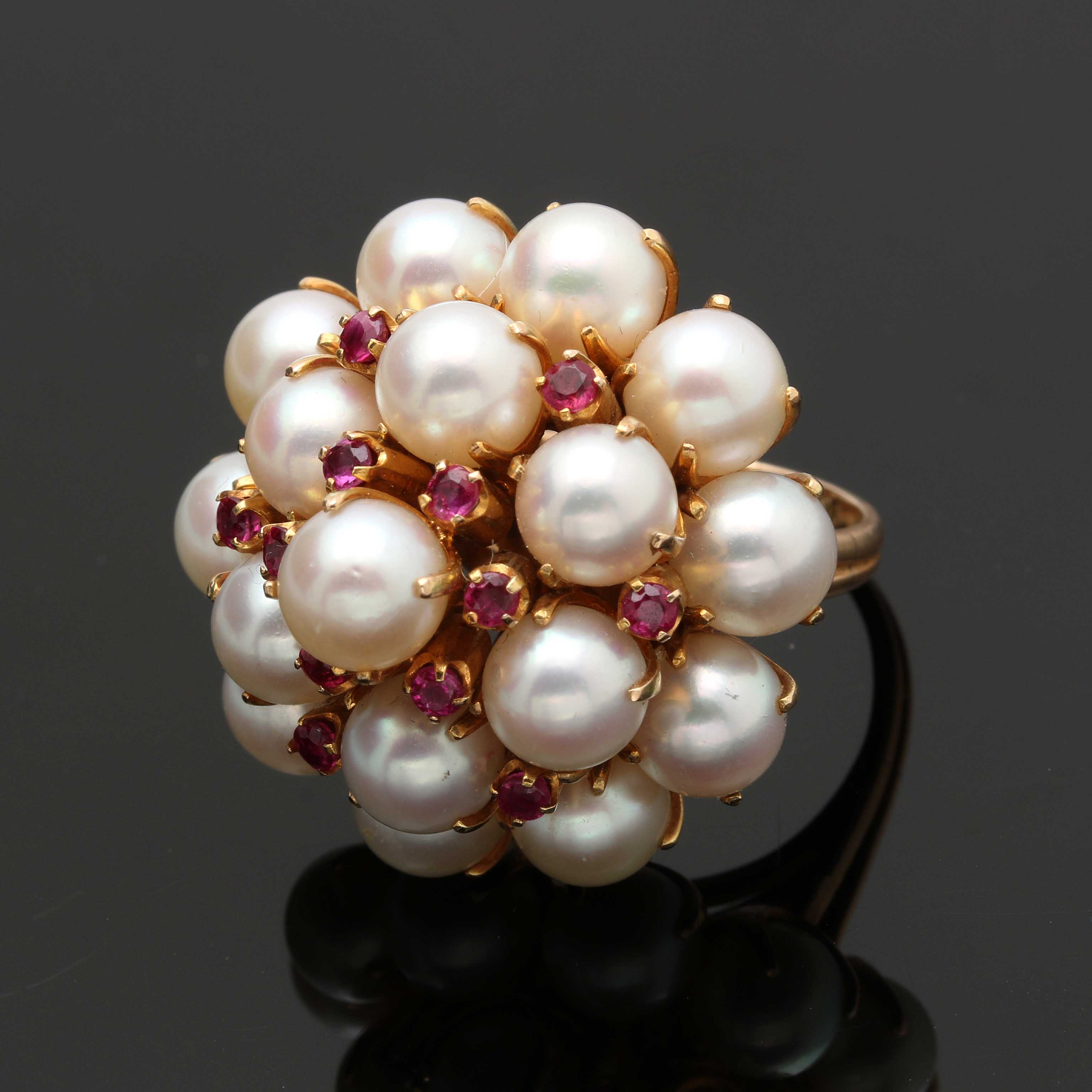 14K Yellow Gold Cultured Pearl and Ruby Cluster Ring