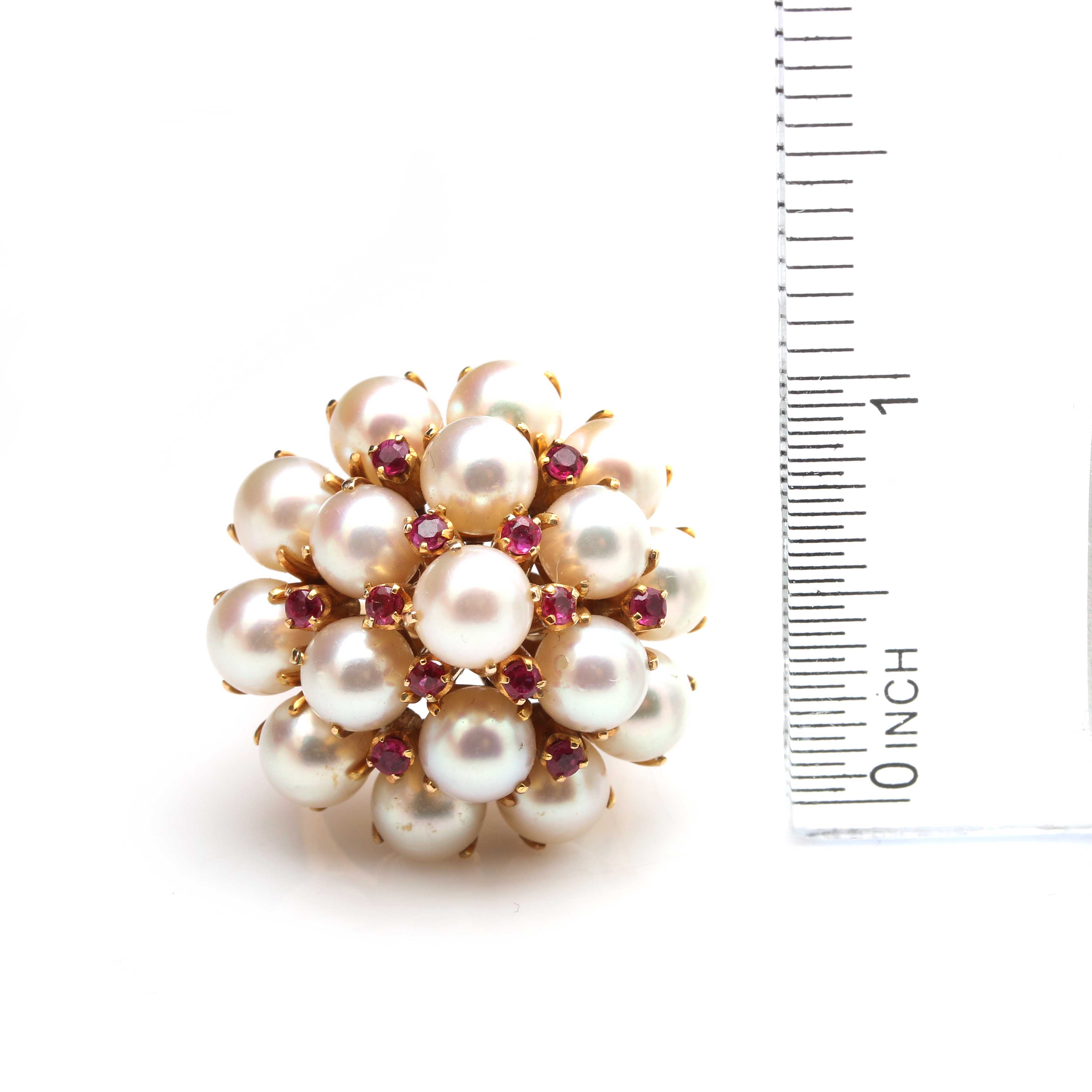 14K Yellow Gold Cultured Pearl and Ruby Cluster Ring