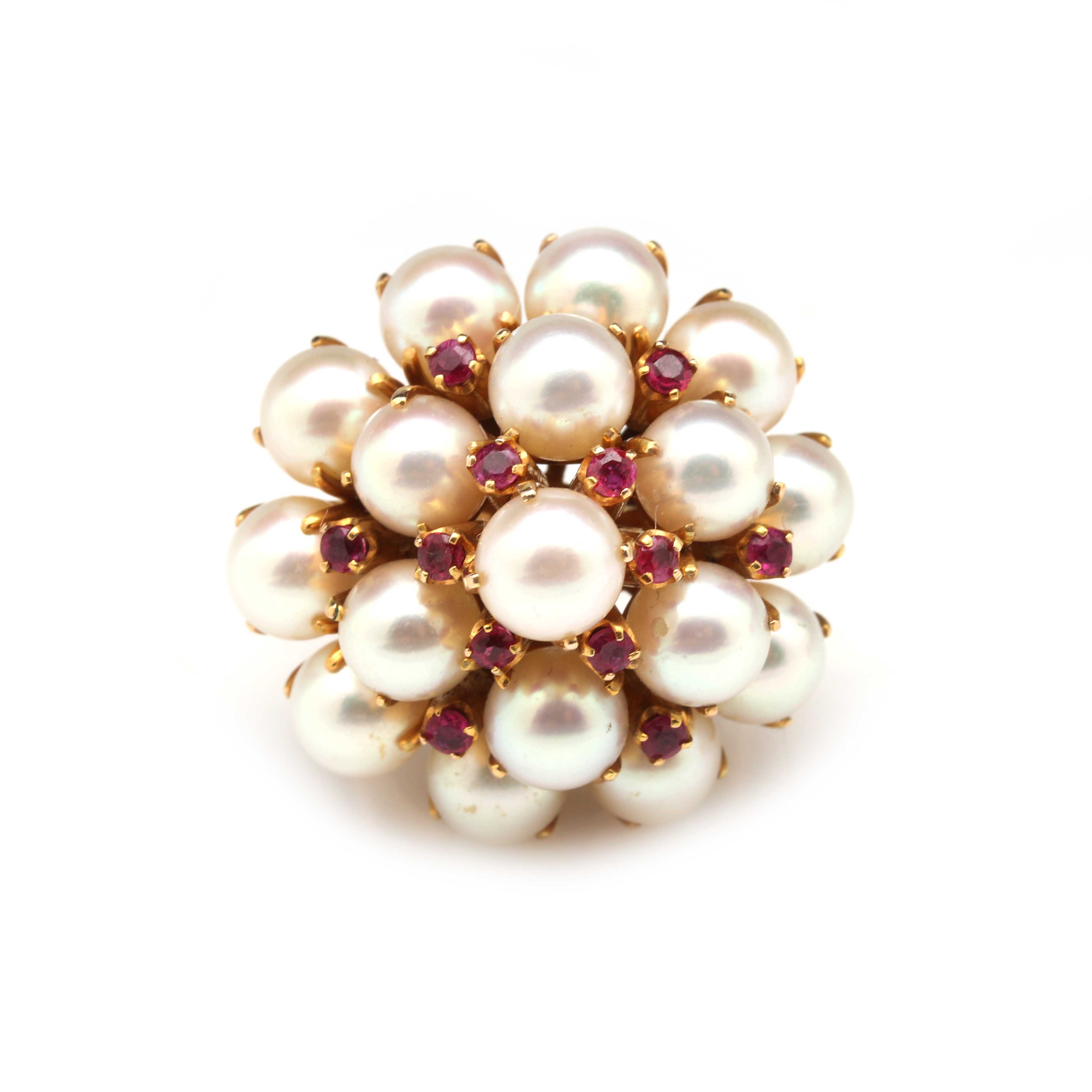 14K Yellow Gold Cultured Pearl and Ruby Cluster Ring