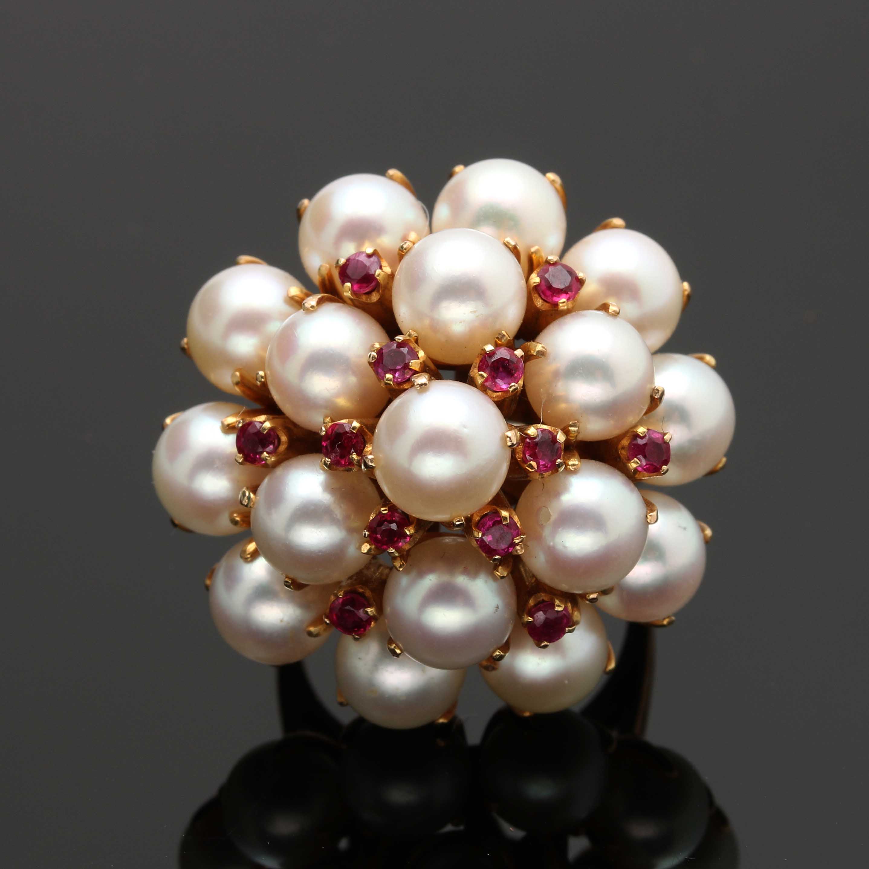 14K Yellow Gold Cultured Pearl and Ruby Cluster Ring