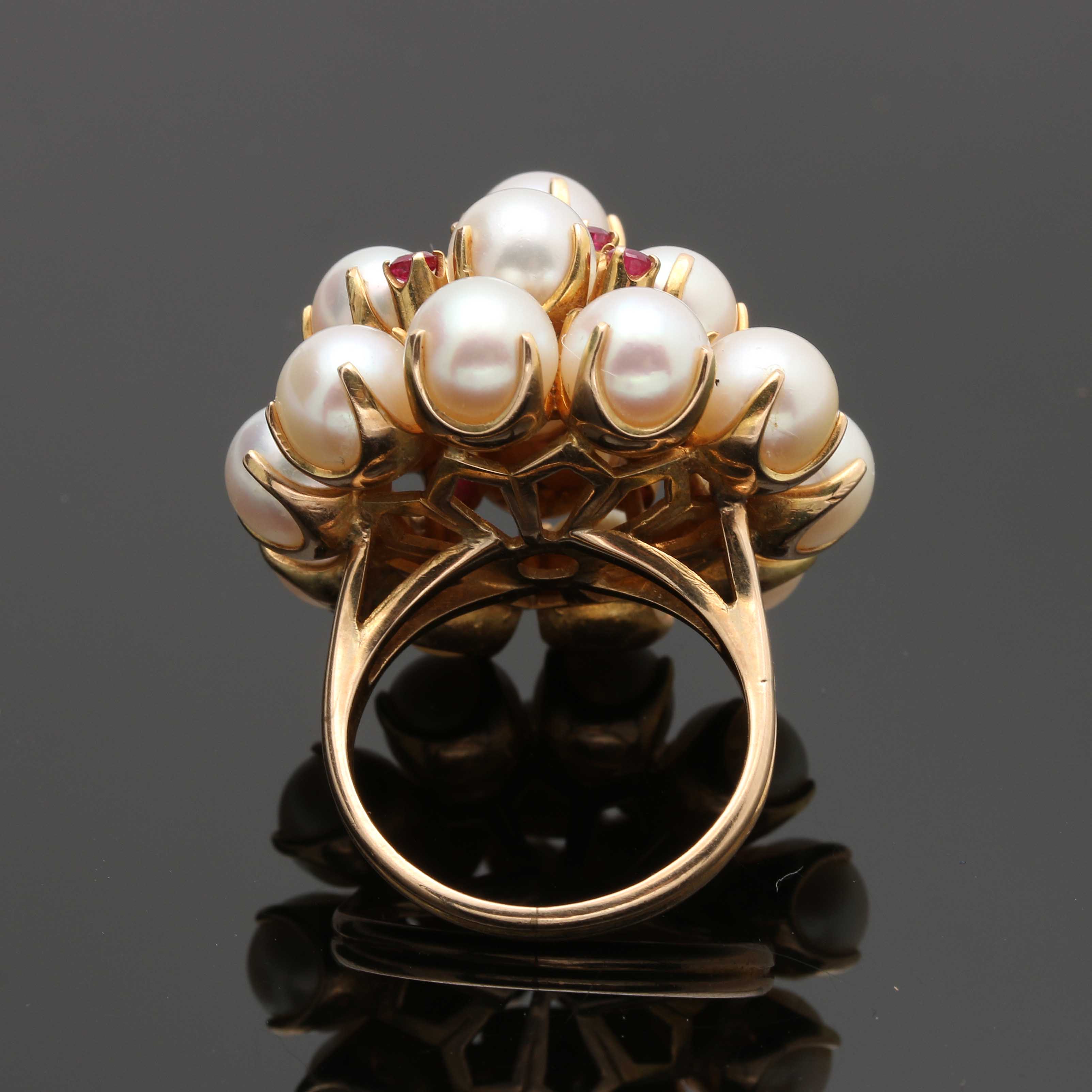14K Yellow Gold Cultured Pearl and Ruby Cluster Ring