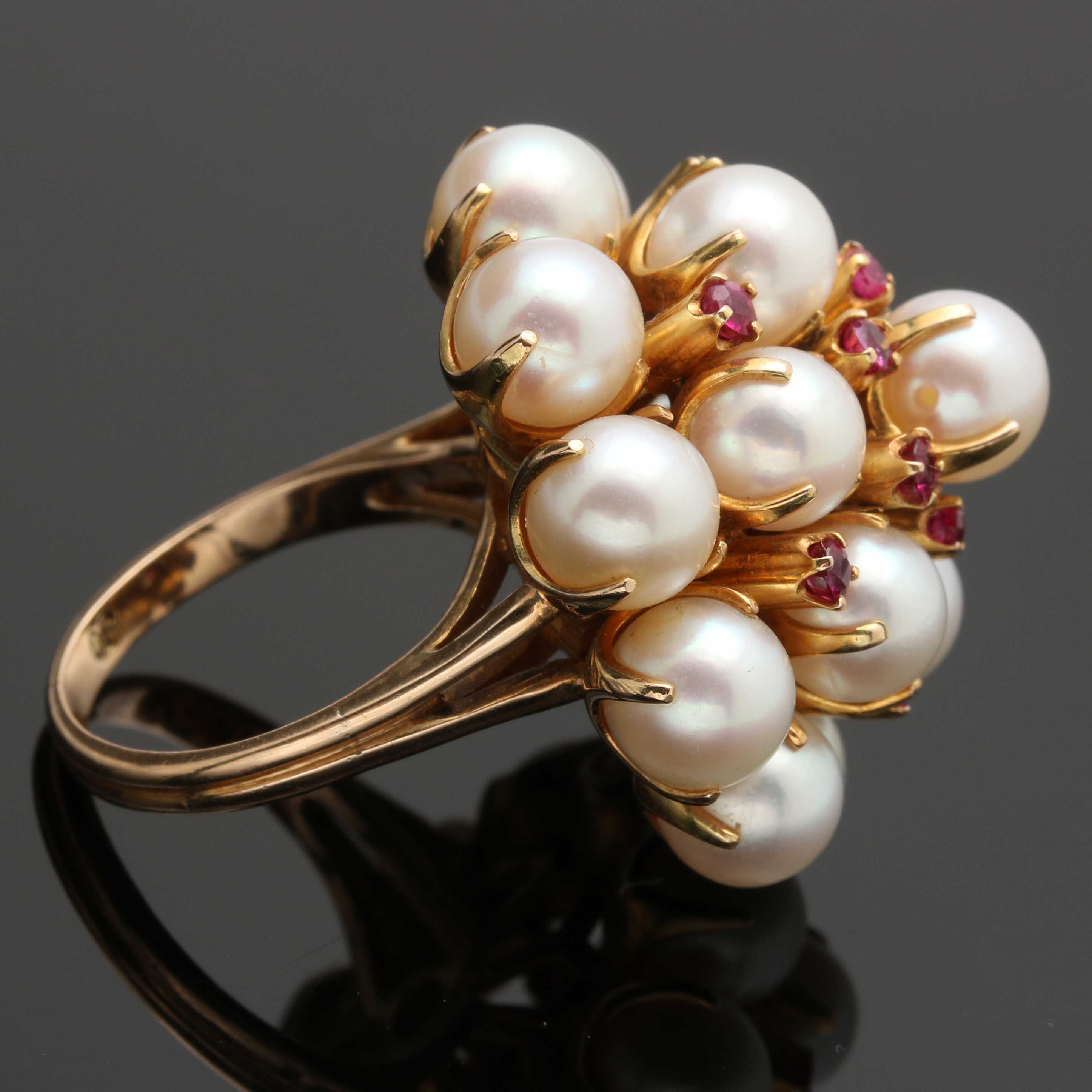 14K Yellow Gold Cultured Pearl and Ruby Cluster Ring