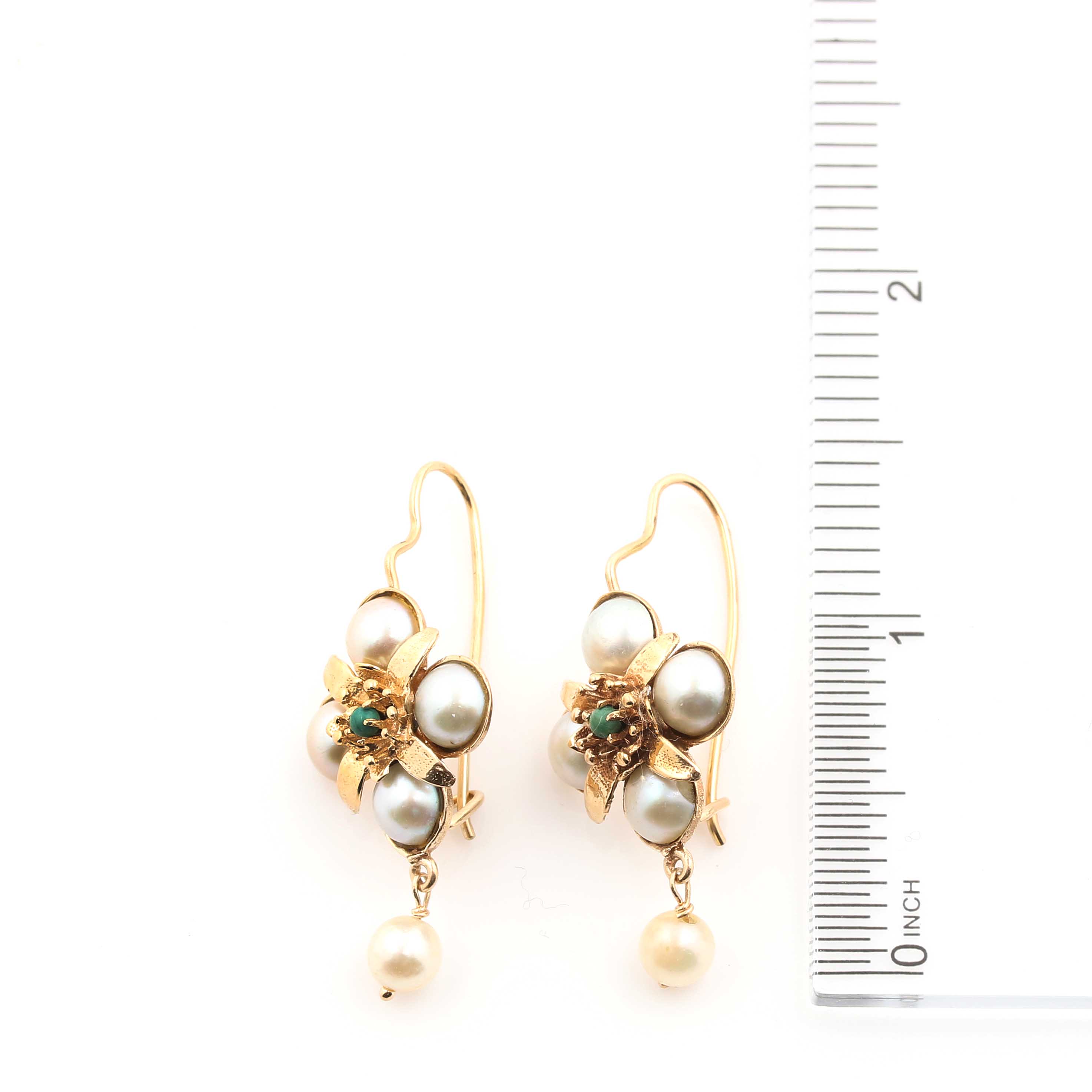 14K Yellow Gold Turquoise and Cultured Pearl Earrings