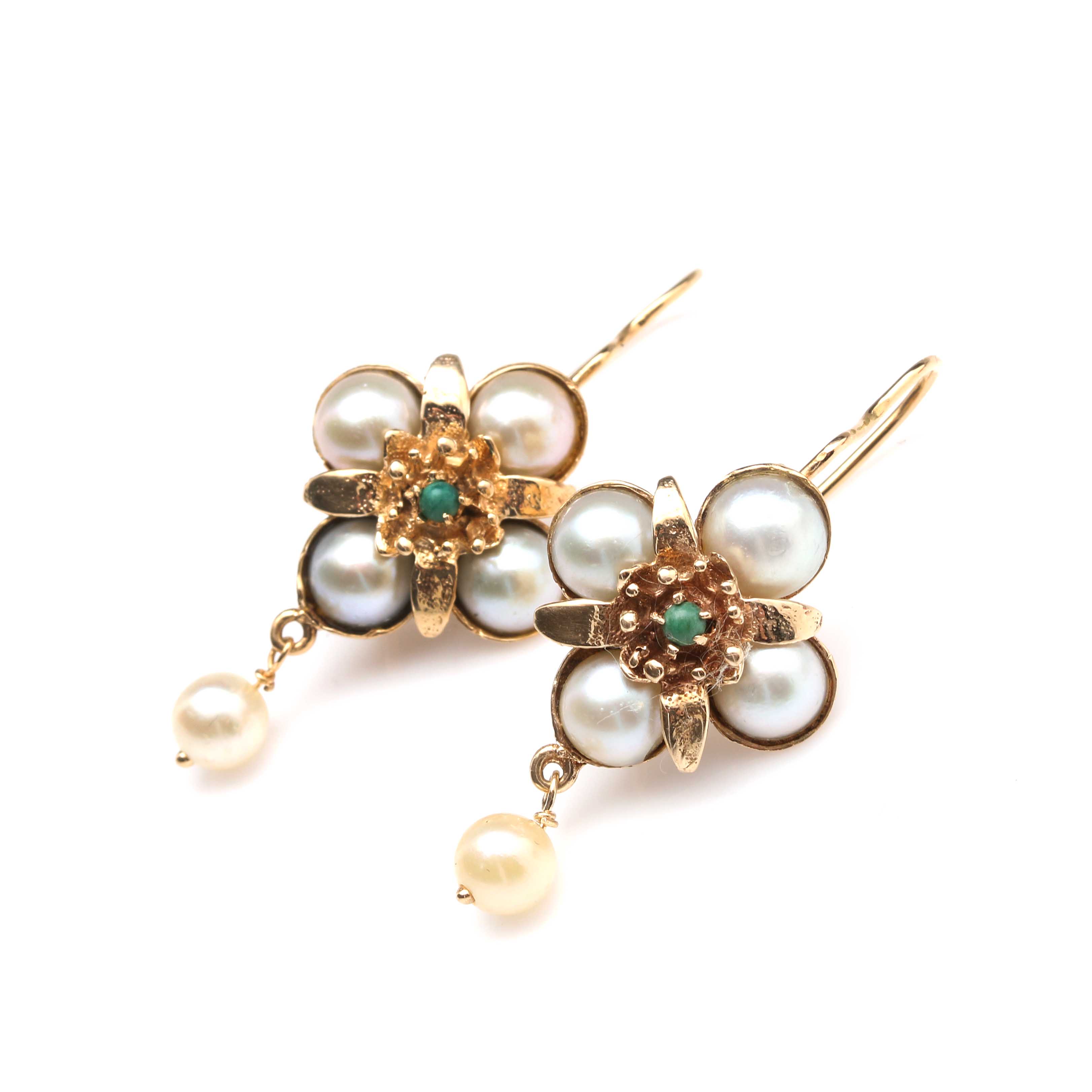 14K Yellow Gold Turquoise and Cultured Pearl Earrings