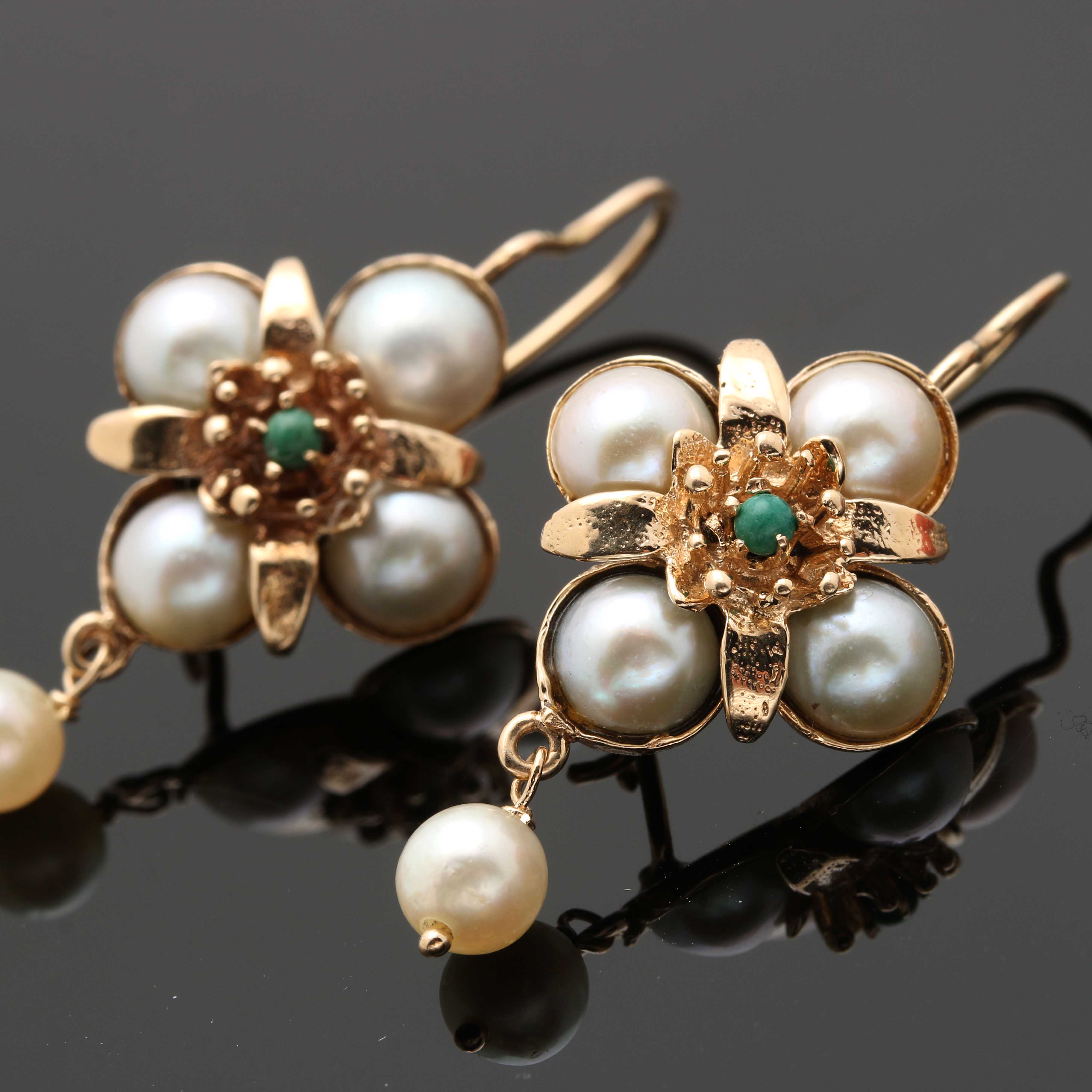 14K Yellow Gold Turquoise and Cultured Pearl Earrings