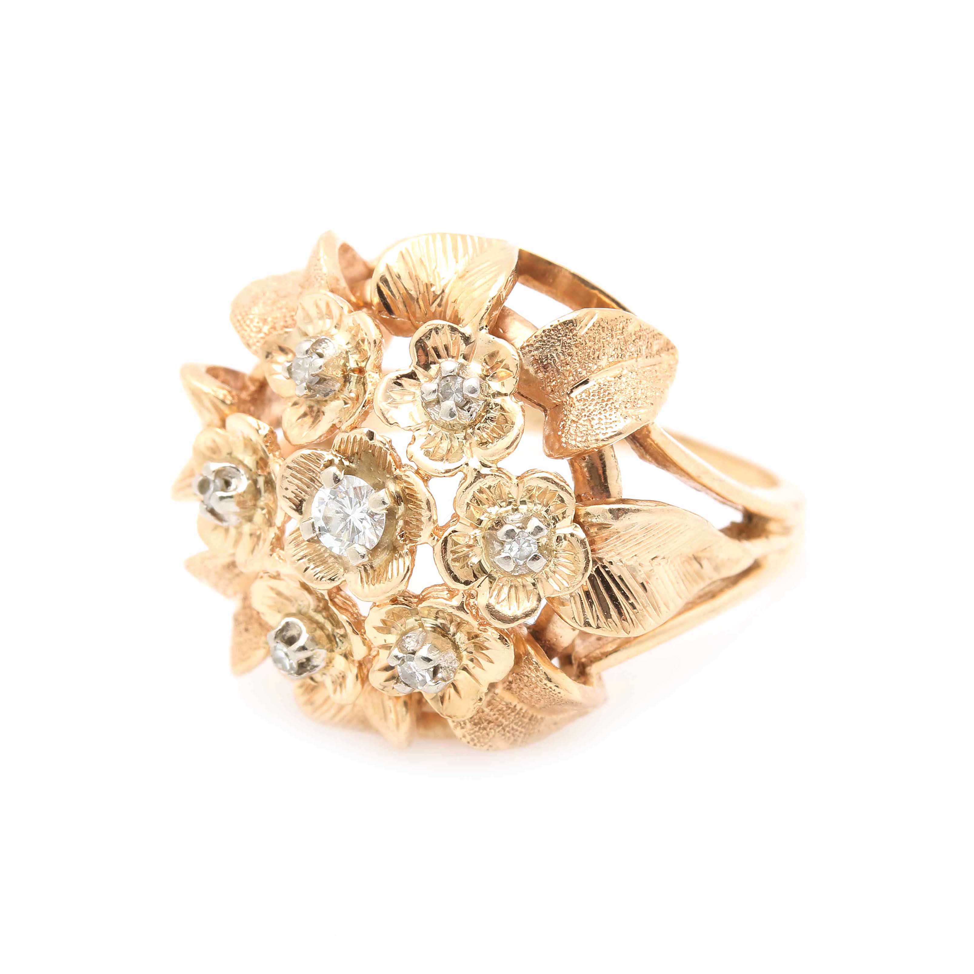 14K Yellow Gold Diamond Floral Motif Ring