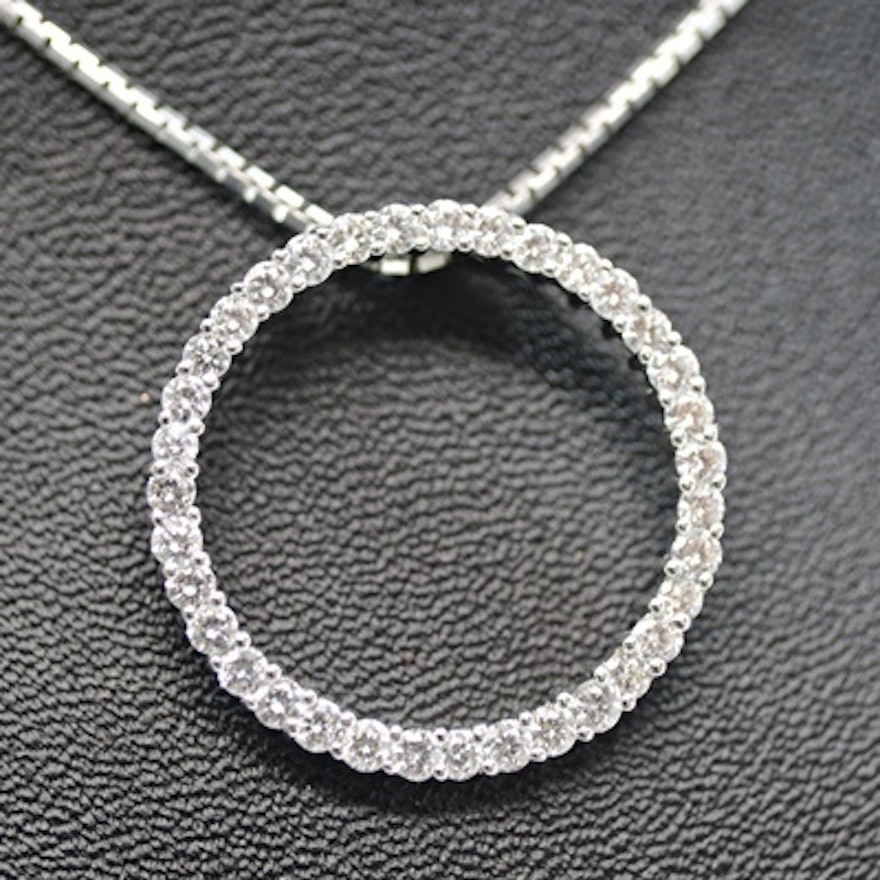 14K White Gold 1.05 CTW Diamond Circular Pendant Necklace