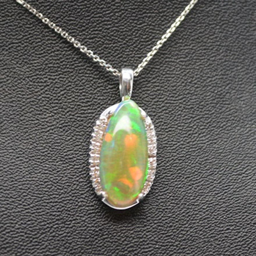 14K White Gold Jelly/Fire Opal and Diamond Pendant Necklace