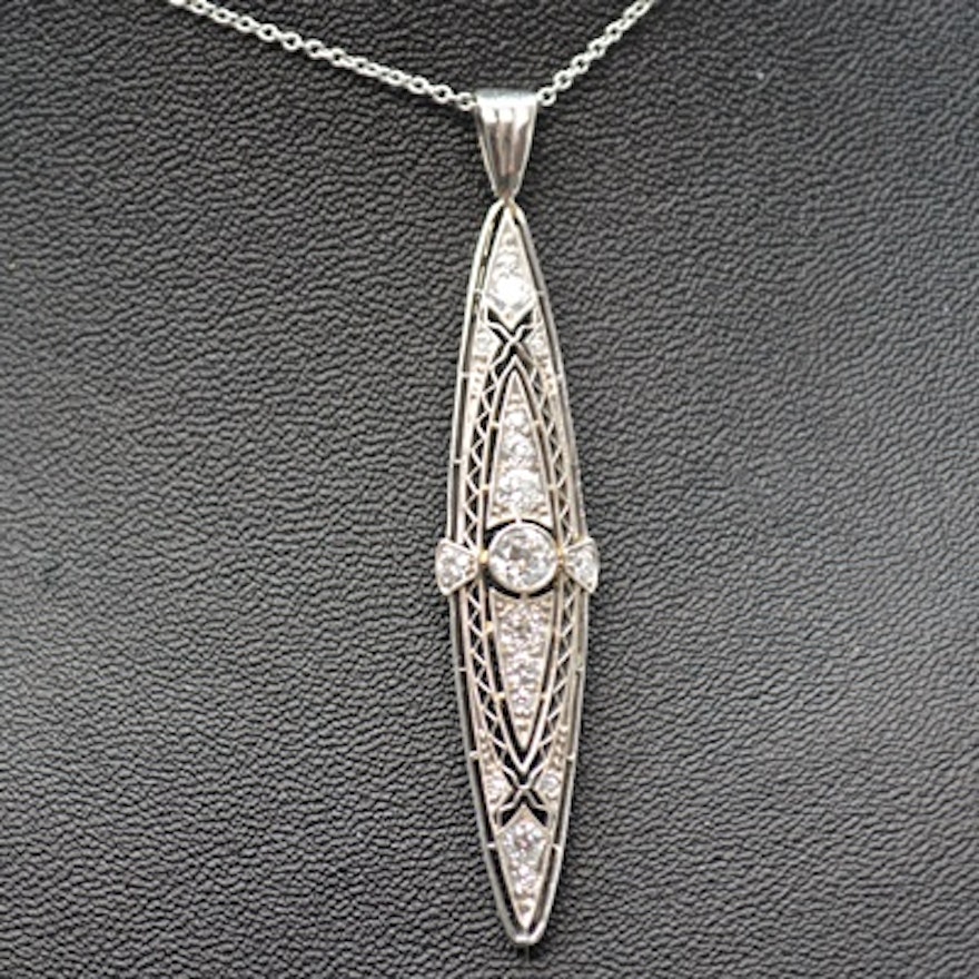 Late Edwardian Platinum Diamond Filigree Pendant Necklace