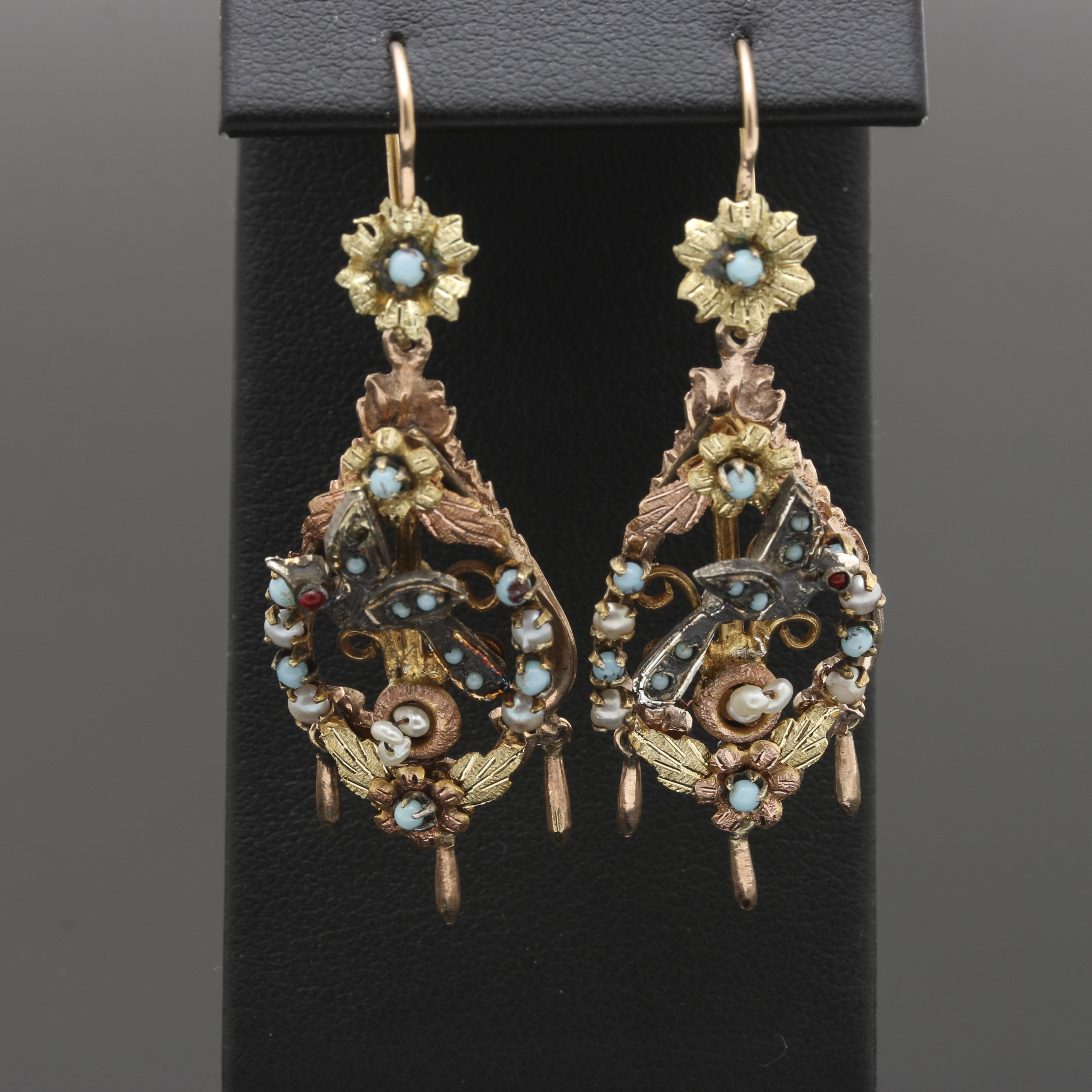 Victorian 10K and 14K Gold With Sterling Silver Bird's Nest Gemstone Earrings