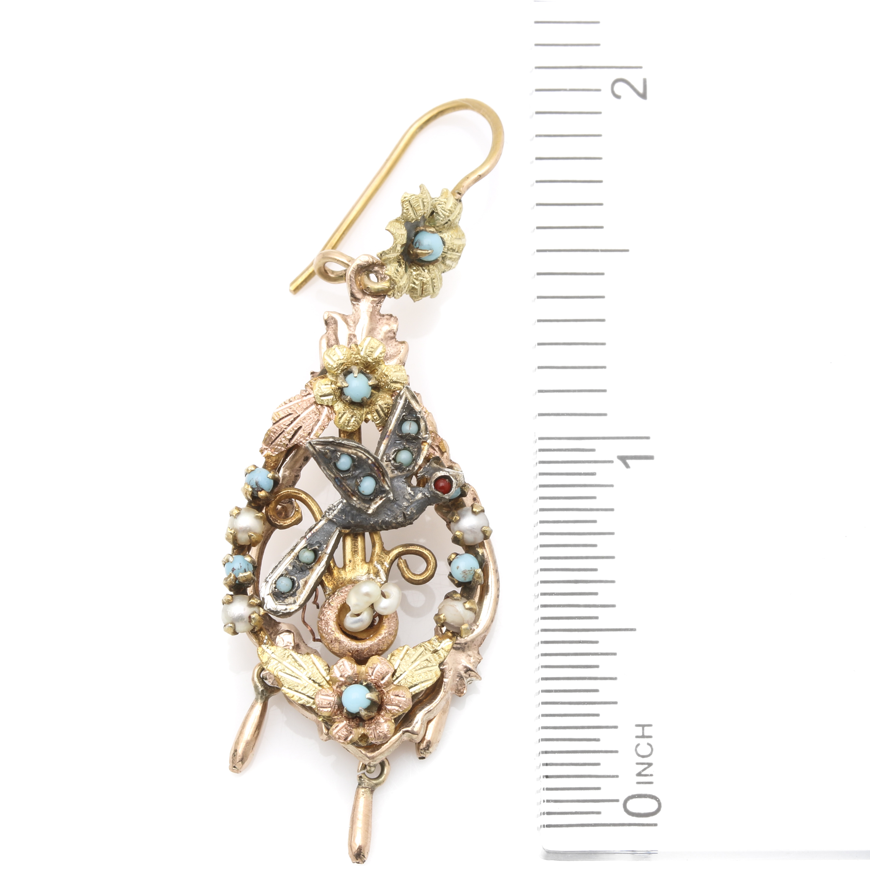 Victorian 10K and 14K Gold With Sterling Silver Bird's Nest Gemstone Earrings