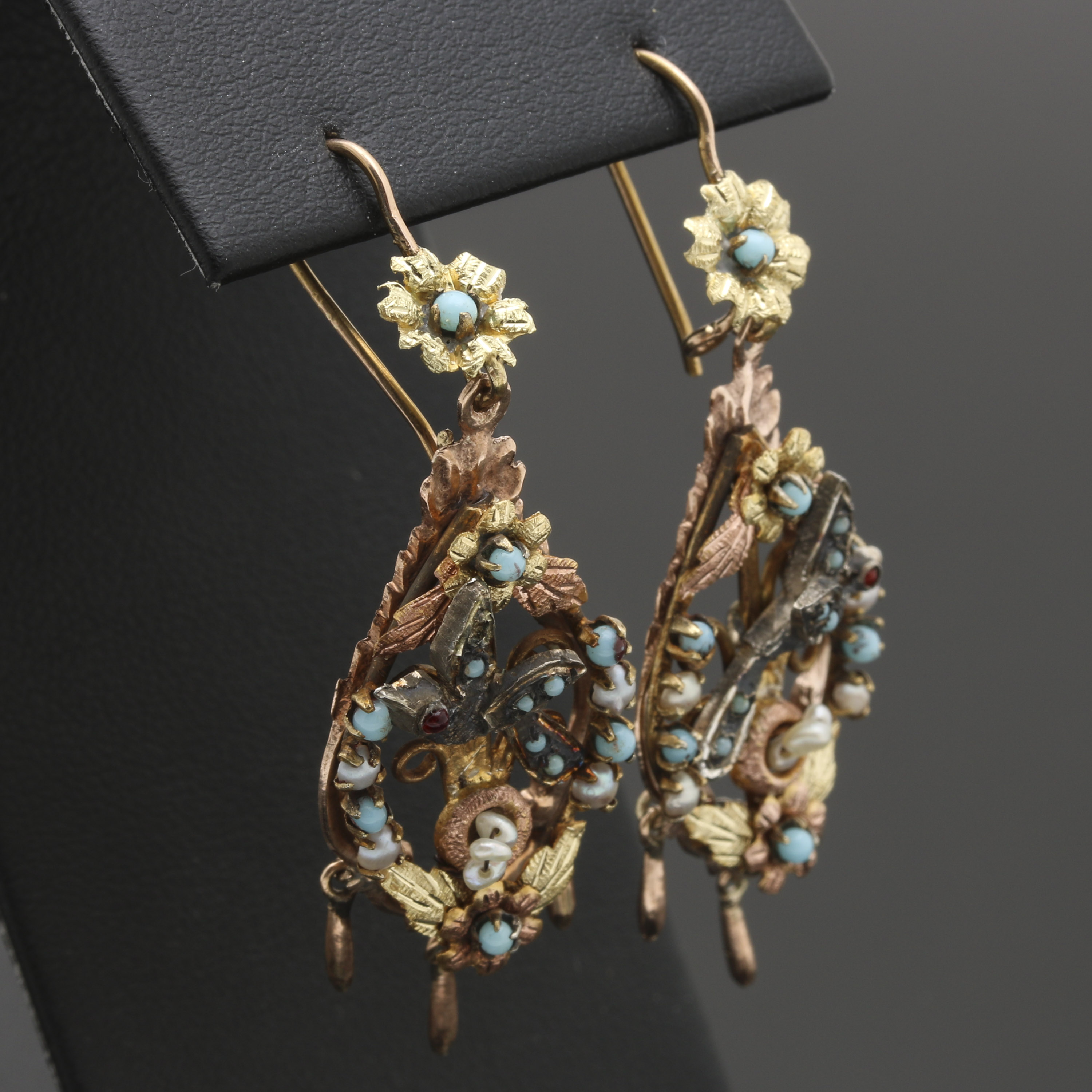 Victorian 10K and 14K Gold With Sterling Silver Bird's Nest Gemstone Earrings