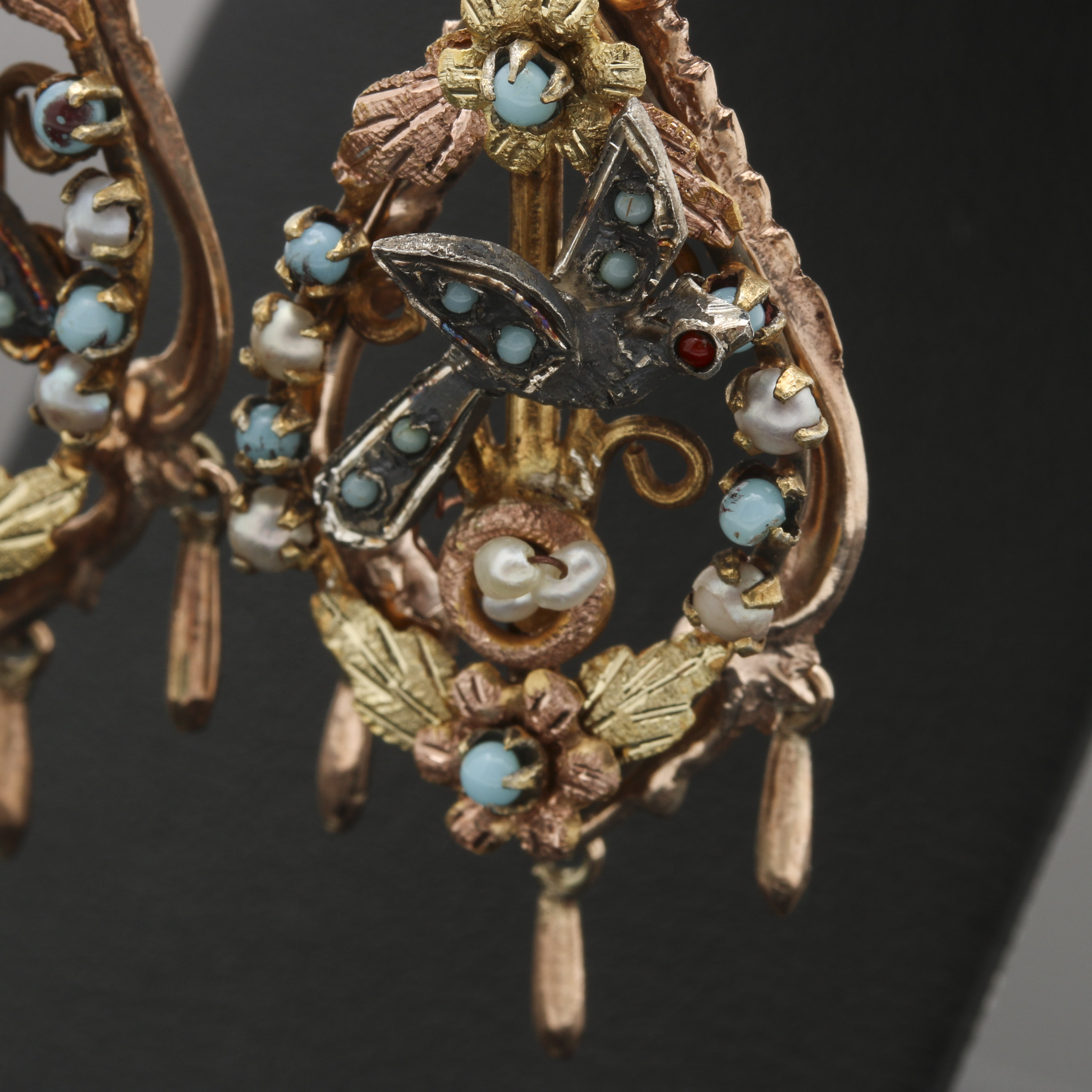 Victorian 10K and 14K Gold With Sterling Silver Bird's Nest Gemstone Earrings