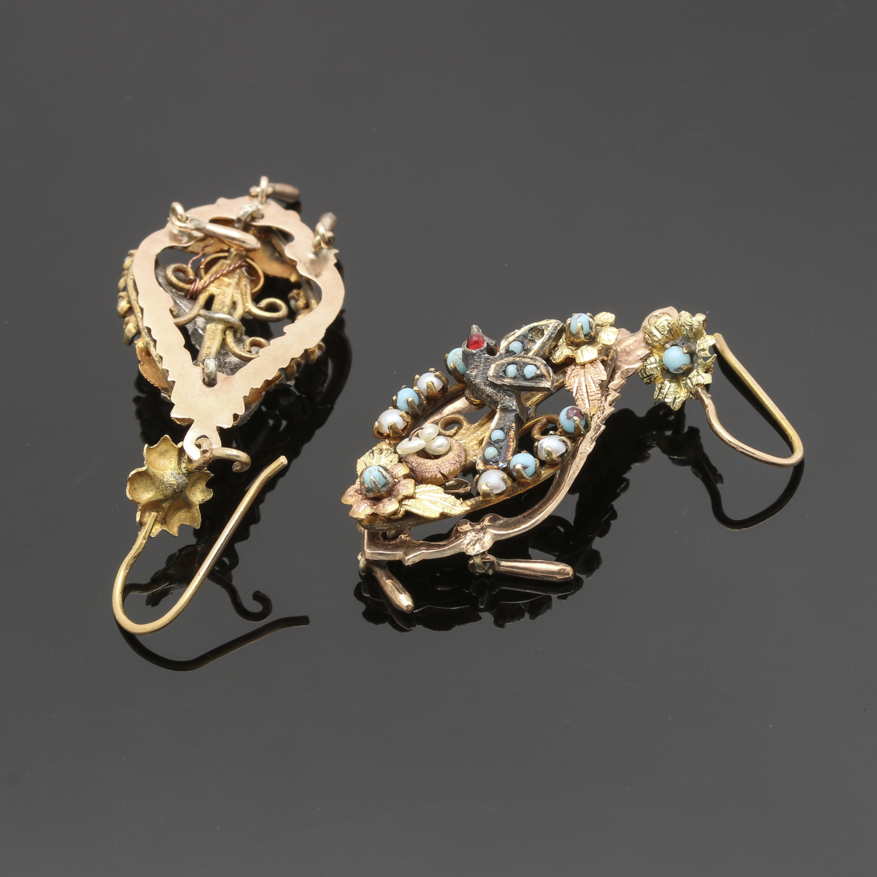 Victorian 10K and 14K Gold With Sterling Silver Bird's Nest Gemstone Earrings