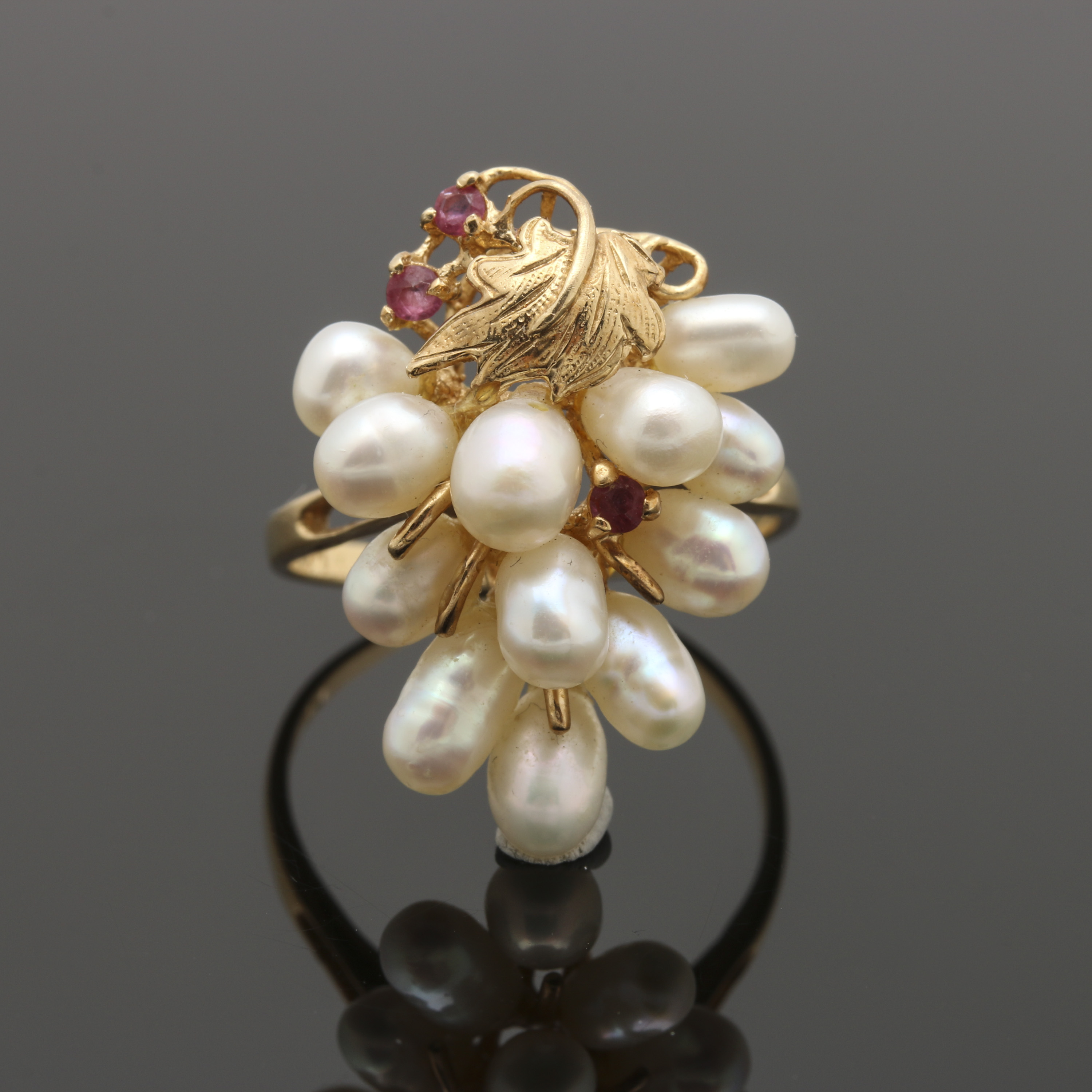 14K Yellow Gold Cultured Pearl and Ruby Foliate Ring